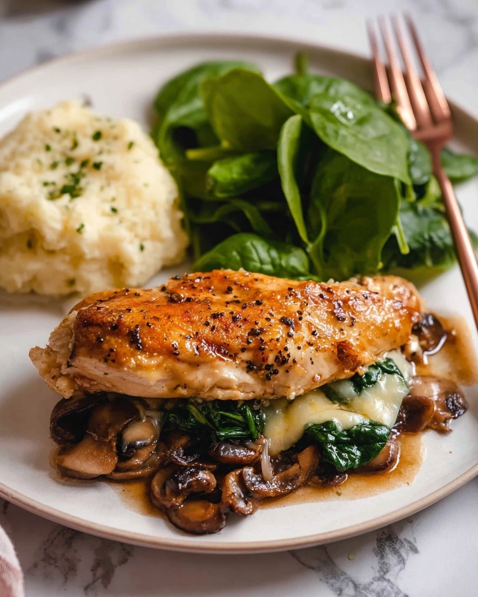 The dish shows a white plate with a serving of cooked chicken on the right side, which is golden brown and slightly shiny with small black pepper spots. Under the chicken, there are three layers: a base layer of sautéed mushrooms in a dark brown sauce, a middle layer of melted light yellow cheese, and a top layer of cooked dark green spinach leaves. To the left of the chicken, there is a scoop of light beige creamy mashed potatoes with small green herb specks. Behind the chicken and mashed potatoes, there is a small pile of fresh dark green spinach leaves. In the background, a rose gold fork is resting on the plate, and the surface beneath the plate has a white marbled texture. The photo is taken with an iphone --ar 4:5 --v 7