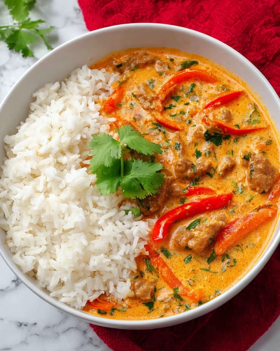 A shiny silver pot filled with a thick orange curry that has visible pieces of chicken and red bell pepper strips. The curry is creamy with some green herbs sprinkled on top and mixed throughout, giving a fresh touch. A black spoon inside the pot scoops some of the curry, showing the chunky texture of the chicken and vegetables. In the background, there is a mound of plain white rice on a white marbled surface with a red textured cloth nearby. The whole scene is bright and inviting. photo taken with an iphone --ar 4:5 --v 7