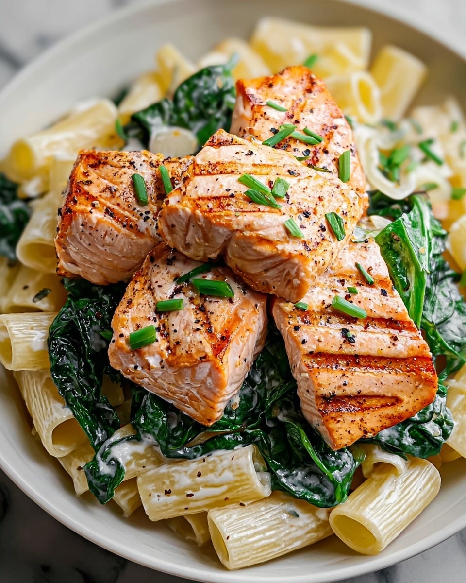 A white bowl filled with rigatoni pasta in a creamy light yellow sauce mixed with wilted dark green spinach leaves, topped with four thick pieces of grilled salmon that have a golden brown, slightly crispy surface, garnished with small green herb sprigs and sprinkled with black pepper. The textures show tender pasta, soft spinach, and firm fish with a slight char. photo taken with an iphone --ar 4:5 --v 7