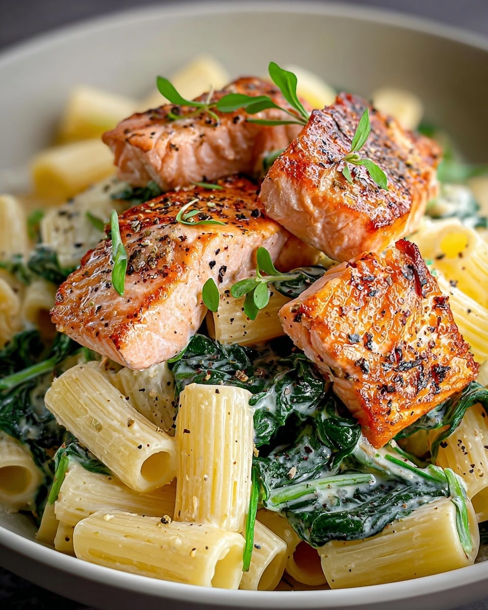 Lemon-Infused Salmon Spinach Pasta Recipe - Recipe Image