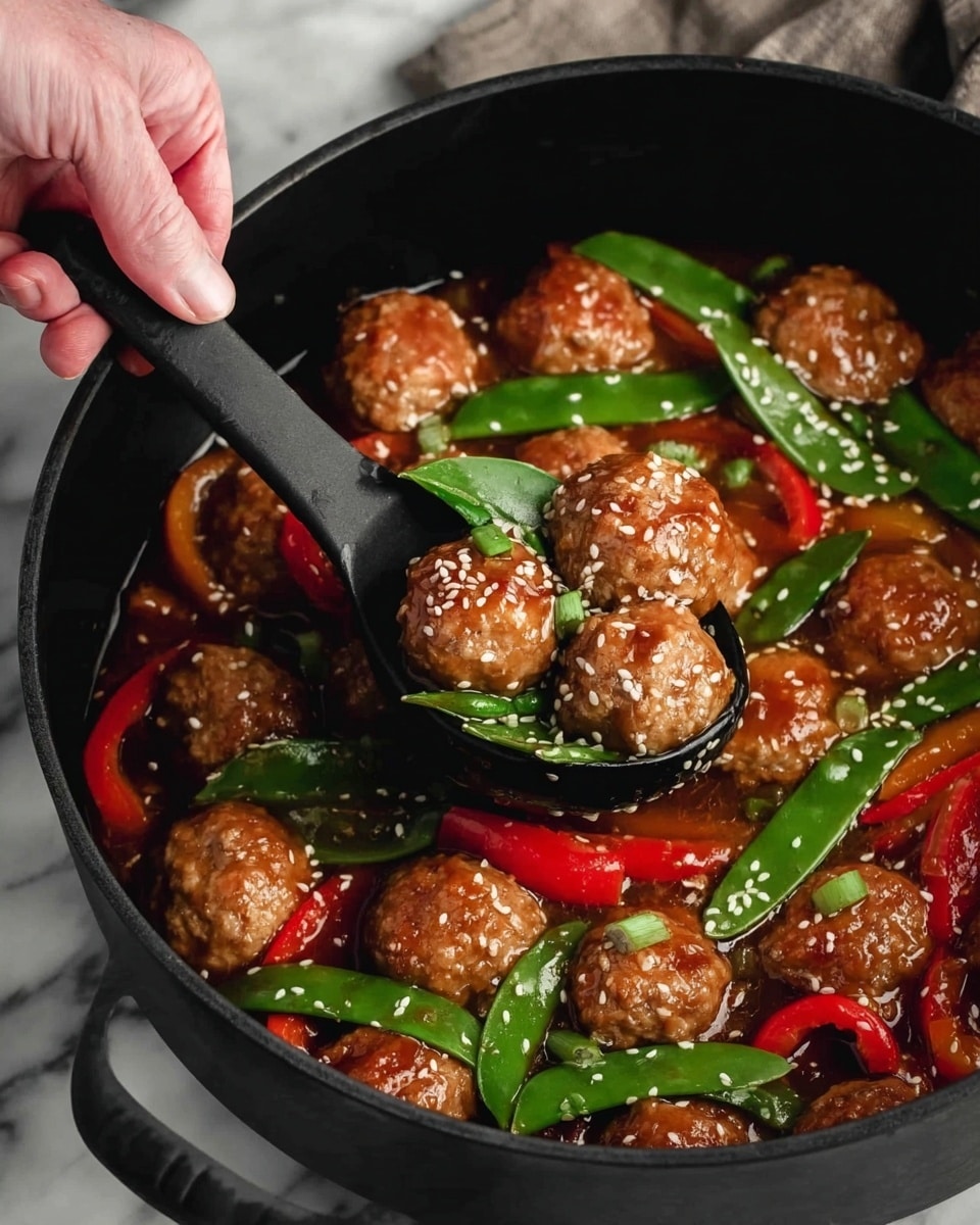 A black pot filled with several brown meatballs covered in a shiny, reddish-brown sauce, mixed with bright green snow peas and slices of red bell pepper. Some meatballs are topped with white sesame seeds and small green onion pieces. A woman's hand is holding a black slotted spoon lifting up three meatballs, with some snow peas resting on the spoon. The background shows a white marbled texture under the pot photo taken with an iphone --ar 4:5 --v 7