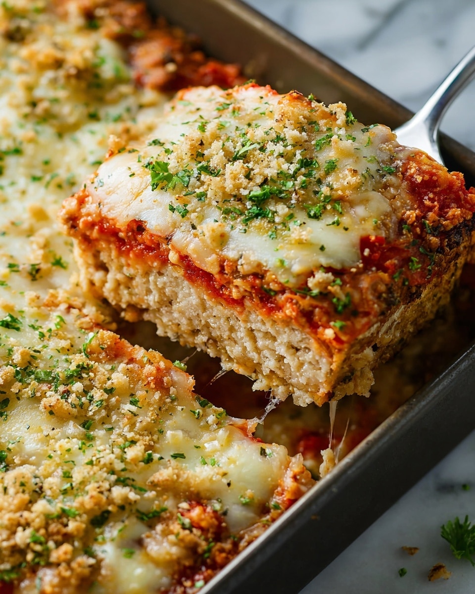 A close-up view of a baked dish in a dark metal rectangular pan placed on a white marbled surface, showing one thick slice lifted with a fork, revealing multiple layers inside. The top layer is golden brown melted cheese sprinkled with chopped green herbs and small crunchy breadcrumbs. Beneath it is a smooth layer of red tomato sauce peeking from the edges. The middle layer is beige and grainy, resembling a thick filling with a soft texture. All layers are stacked evenly, with cheese slightly stretching as the slice is lifted. The overall look is warm, cheesy, with bright spots of green herbs and golden crumbs. Photo taken with an iphone --ar 4:5 --v 7
