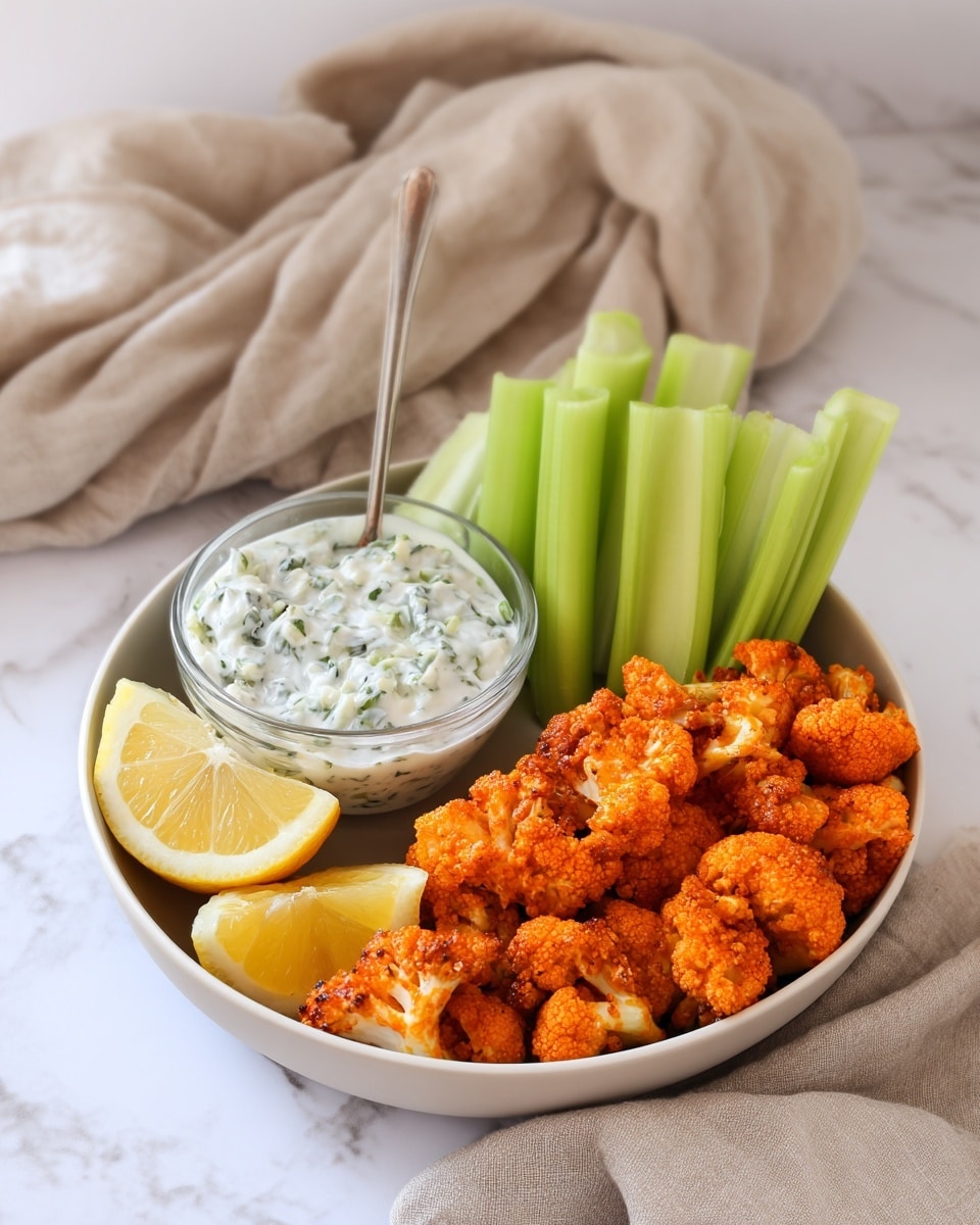 A close-up image shows a woman's hand holding a fork with a bright orange, saucy cauliflower floret dipped in white creamy sauce. Below, a white bowl contains more orange cauliflower florets, fresh green celery sticks, and a small portion of white creamy dip with green herbs mixed in. The background is a white marbled surface, creating a clean and fresh look. photo taken with an iphone --ar 4:5 --v 7