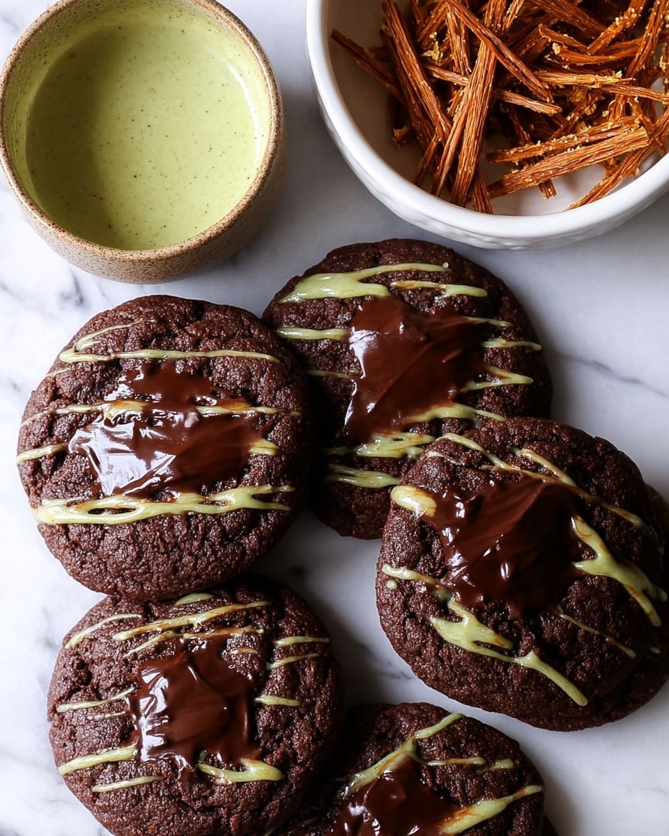 The image shows five thick, round chocolate cookies placed on a white marbled surface. Each cookie has glossy dark melted chocolate patches on top and a drizzle of light green glaze across the upper part of the cookie. To the top right of the image, there is a white bowl filled with thin, crisp brown sticks, adding a contrast to the dark cookies. The surface and arrangement highlight the rich textures and colors of the cookies and bowl. photo taken with an iphone --ar 4:5 --v 7