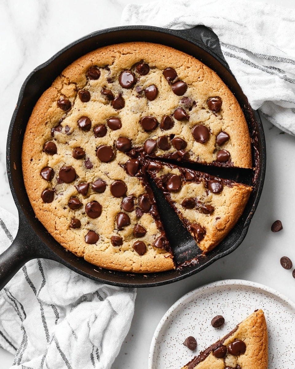 A thick slice of chocolate chip cookie pie is placed on a white speckled plate with a small piece broken off and resting near a silver fork in the foreground. The cookie layer is golden brown with a soft texture and large, glossy dark chocolate chips both on top and inside the cookie. Behind the plate, a black pan filled with the remaining cookie pie sits on a white marbled surface with a white cloth next to it. The photo taken with an iphone --ar 4:5 --v 7