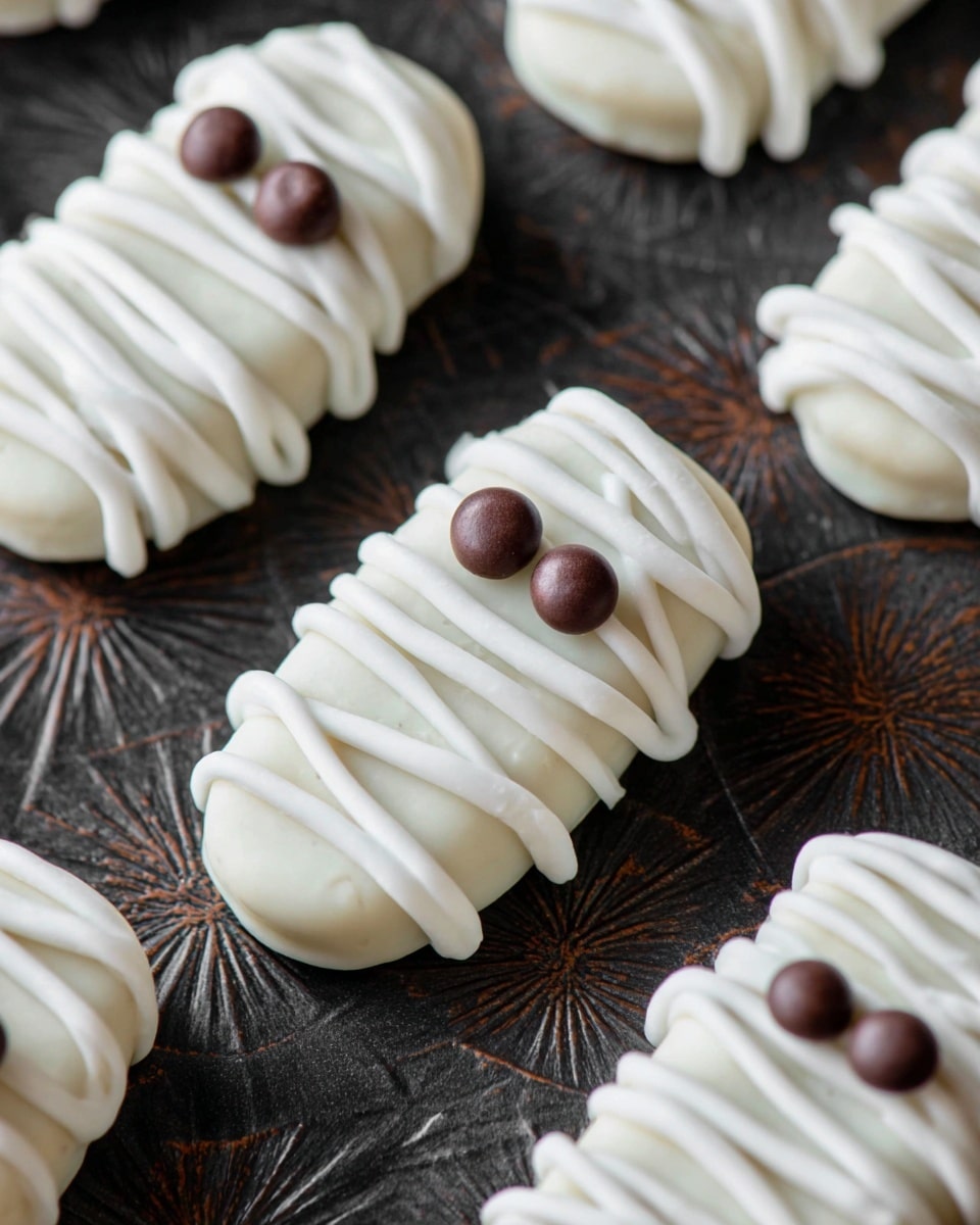 The image shows several mummy-shaped treats laid out on a white marbled surface, each treat covered in a smooth, thick white coating with thin white lines drizzled diagonally to mimic wrapped bandages. Each mummy has two round dark brown candy eyes near the top, slightly shiny and contrasting with the white coating. The treats have a soft, rounded shape with the coating slightly pooling around their bases on the surface. photo taken with an iphone --ar 4:5 --v 7