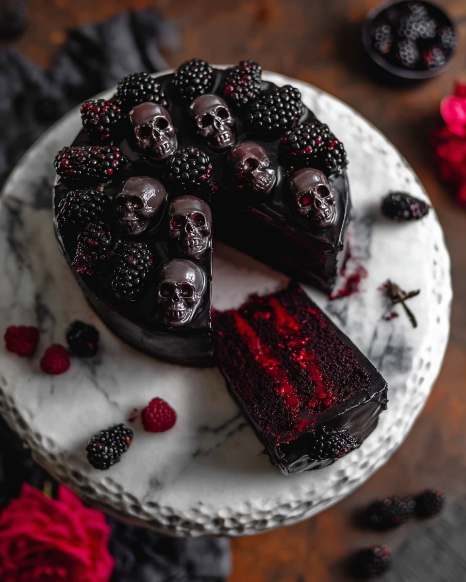A dark black gothic-style cake is shown with two layers; the top layer is covered with a smooth black icing and topped with many shiny blackberries and dark chocolate skull-shaped decorations scattered around. The inside red filling peeks through the slice that has been taken out, revealing a vibrant contrast between the black outer layer and the bright red inner layer. The cake sits on a white plate with a textured edge, placed on a white marbled surface, with some blackberries and a red flower nearby for decoration. Photo taken with an iphone --ar 4:5 --v 7