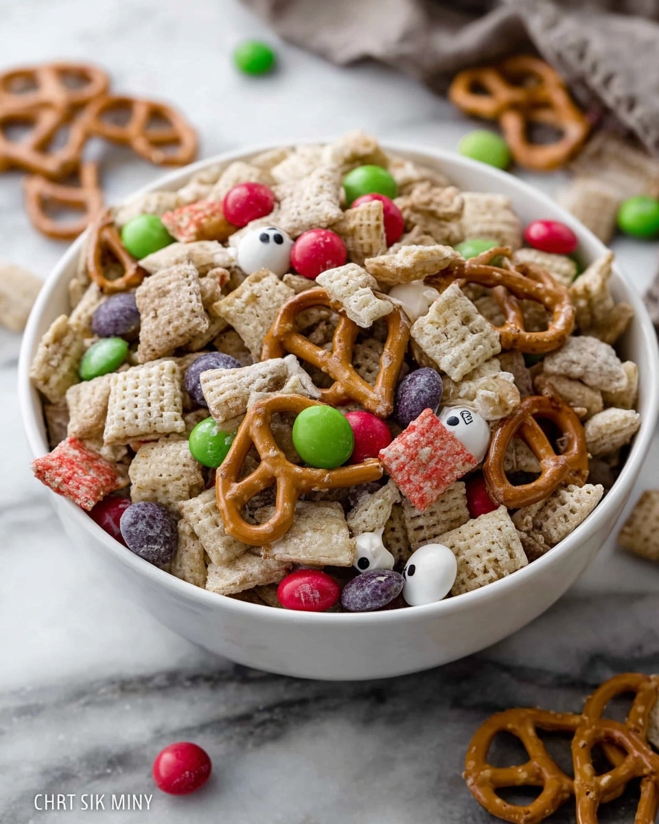 A clear glass bowl filled with five different snack ingredients separated in layers: in the top center, light tan square cereal pieces with a rough texture; to the left, shiny golden-brown square pretzels with holes; to the right, light brown cashew nuts with a smooth surface; below the cereal and pretzels, colorful round candy pieces in bright red, purple, green, orange, and yellow; and above the cashews, small light tan nut pieces. The bowl sits on a white marbled surface. Photo taken with an iphone --ar 4:5 --v 7