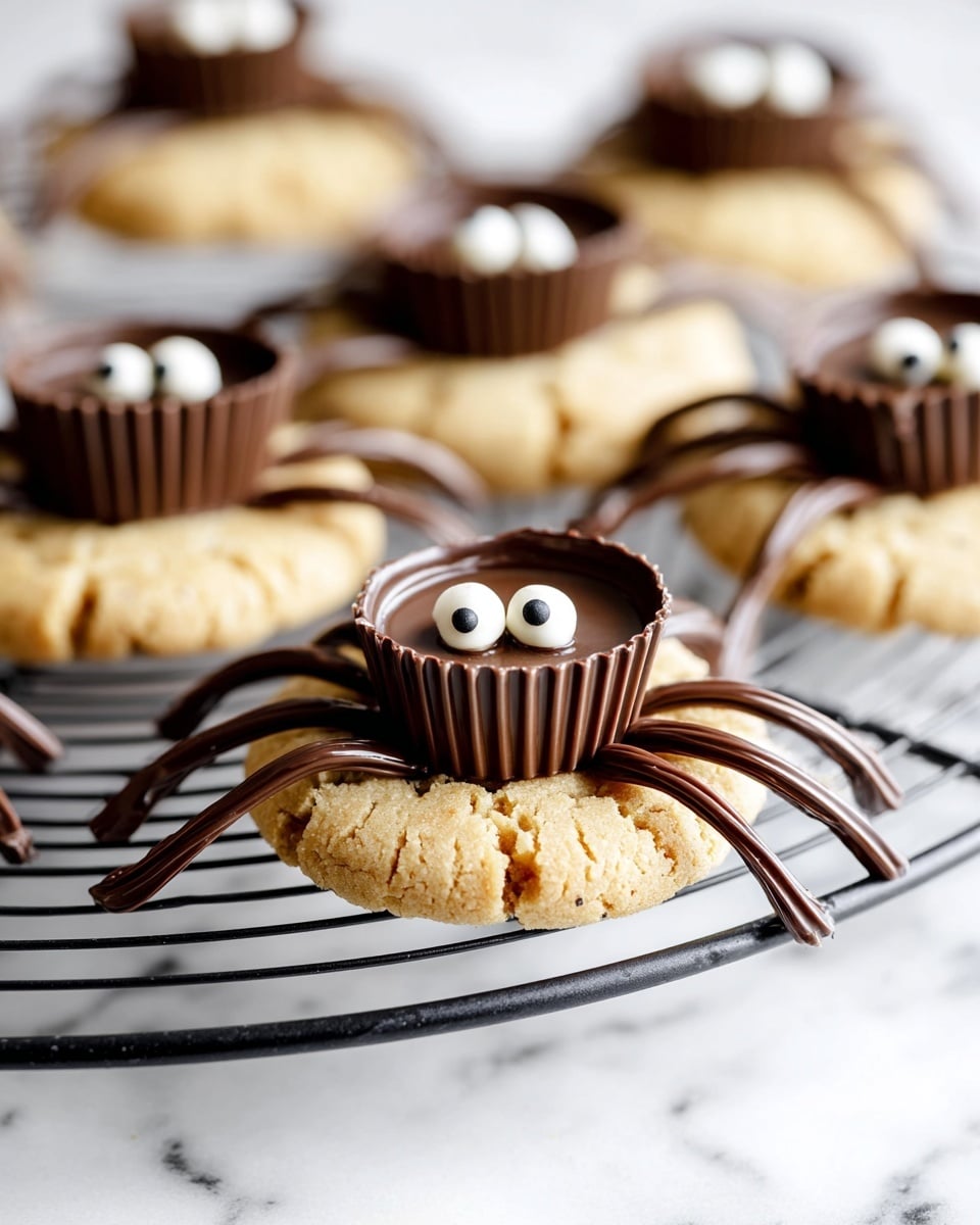 The image shows cookies designed like spiders on a white wire cooling rack set on a white marbled surface. Each cookie has two layers: the bottom layer is a light brown, crumbly cookie with a cracked texture, while the top layer is a dark brown chocolate cup placed upside down in the center of the cookie. Attached to the chocolate cup are eight thin, curved chocolate lines acting as spider legs that stretch out onto the cookie. Two small white round eyes with black dots are placed on the front of the chocolate cup to complete the spider look. Photo taken with an iphone --ar 4:5 --v 7