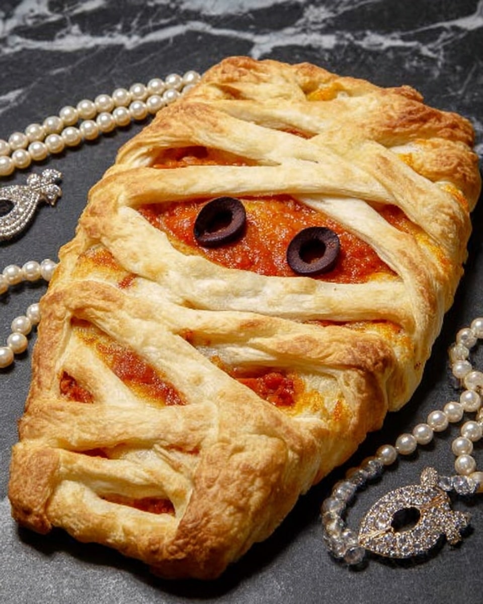 A golden brown baked pastry shaped like a mummy with thin dough strips laid diagonally across the top, showing a bright red sauce from the filling underneath. Two black olive slices appear like eyes near one end of the pastry. The pastry has a soft, fluffy texture with slightly browned edges. It lies on a dark gray surface with a pearl necklace and silver rings nearby. photo taken with an iphone --ar 4:5 --v 7