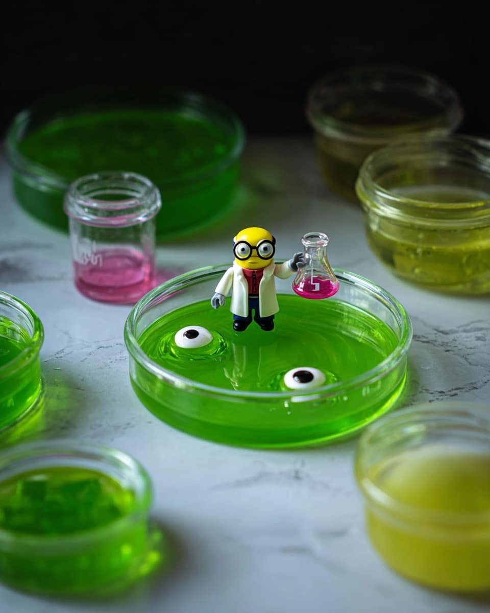 A clear round petri dish filled with a thick, shiny green jelly-like layer. Floating on top are two round white pieces resembling eyes with black centers, one smaller and one larger, placed close together on the right side of the dish. Behind the petri dish is a small toy figure that looks like a scientist wearing glasses and a white coat holding a small pink flask, all set against a plain dark background with a subtle white marbled surface underneath photo taken with an iphone --ar 4:5 --v 7