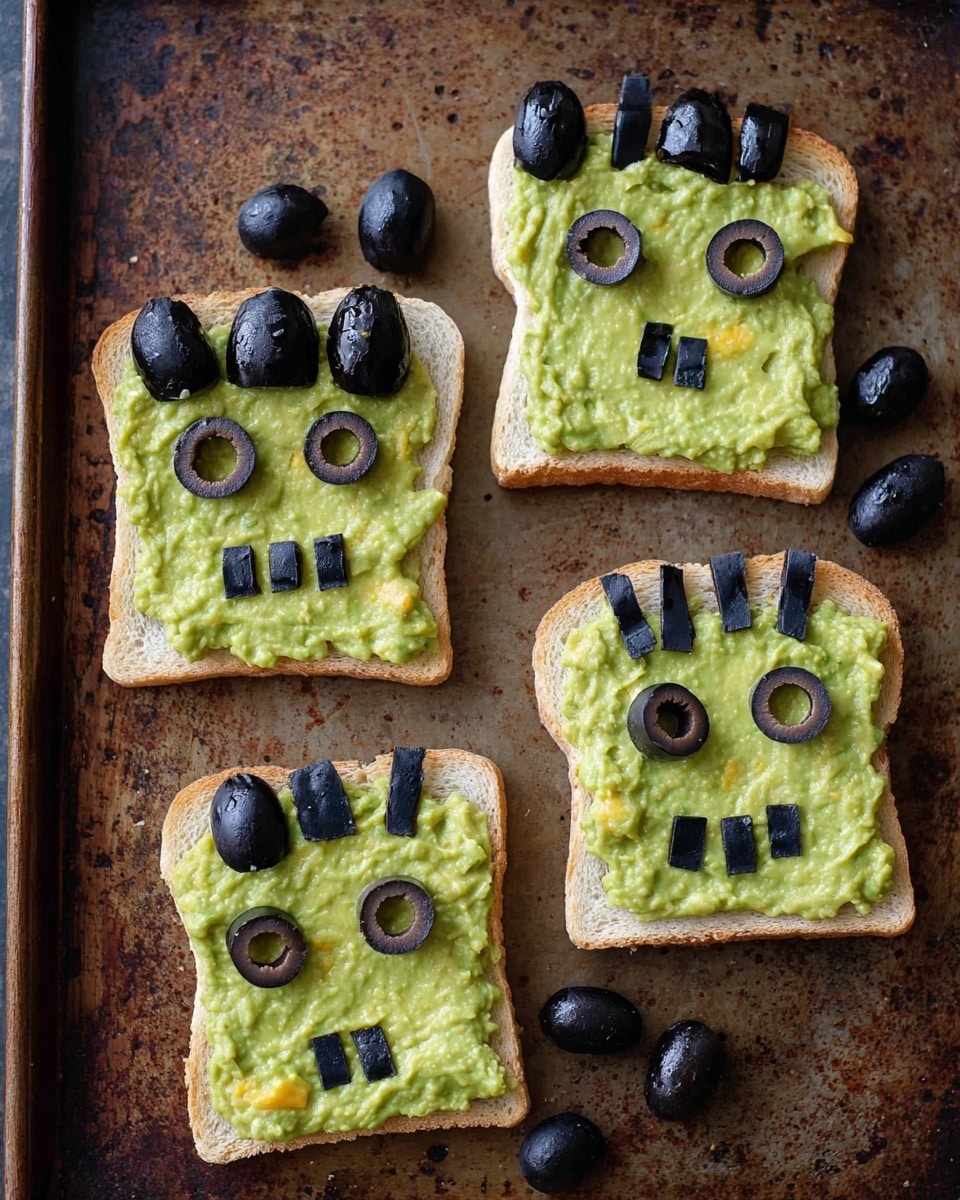 The image shows a slice of white bread with a smooth green spread of guacamole covering the entire surface. On top, black olives are arranged to create a face: a row of sliced olives forms a spiky hairline at the top edge, two olive rings act as eyes near the center, a small horizontal olive piece shapes the mouth just below the eyes, and several thin black olive slices form sharp teeth at the bottom right corner of the bread. The bread with guacamole and olives sits on a wooden cutting board with other similar slices and whole black olives slightly out of focus around it. The surface underneath the cutting board is a white marbled texture. photo taken with an iphone --ar 4:5 --v 7