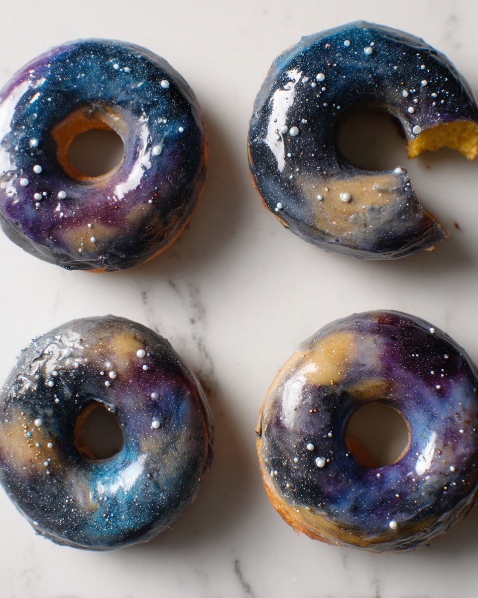 Four donuts are placed on a white marbled surface. Each donut has a glossy, galaxy-like glaze with swirls of blue, purple, black, and white, giving a starry night effect. The top left donut is fully covered in this shiny glaze with a dusting of white sugar. The top right donut has a bite taken out of it, showing a light yellow inside under the glazed top with the same galaxy-like colors and white sugar dust. The bottom left donut has a darker glaze with small white sugar pieces scattered over it, and the donut hole shows a bright yellow inside. The bottom right donut looks similar to the top left with mixed galaxy colors and sparkly sugar on top. photo taken with an iphone --ar 4:5 --v 7