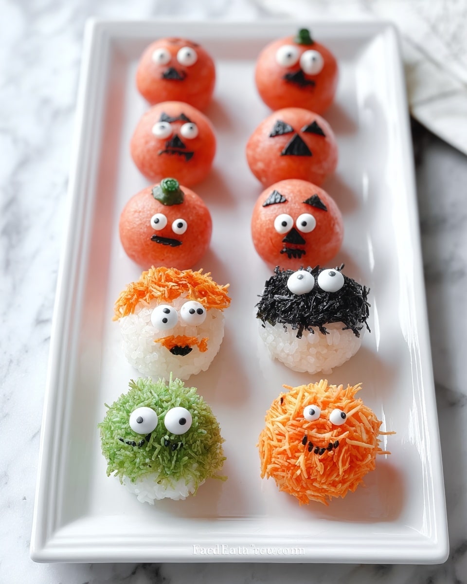 Three small round balls are placed on three green leaves on a wooden board. The ball on the left is covered with thin, bright orange strands and has two white candy eyes on top. The ball in the middle is white with thin strands, also with two white candy eyes giving it a curious look. The ball on the right is coated with black sesame seeds and has two white candy eyes on top. Two wooden chopsticks with light yellow decoration rest diagonally on the left side of the wooden board. The whole arrangement sits on a white marbled surface. photo taken with an iphone --ar 4:5 --v 7