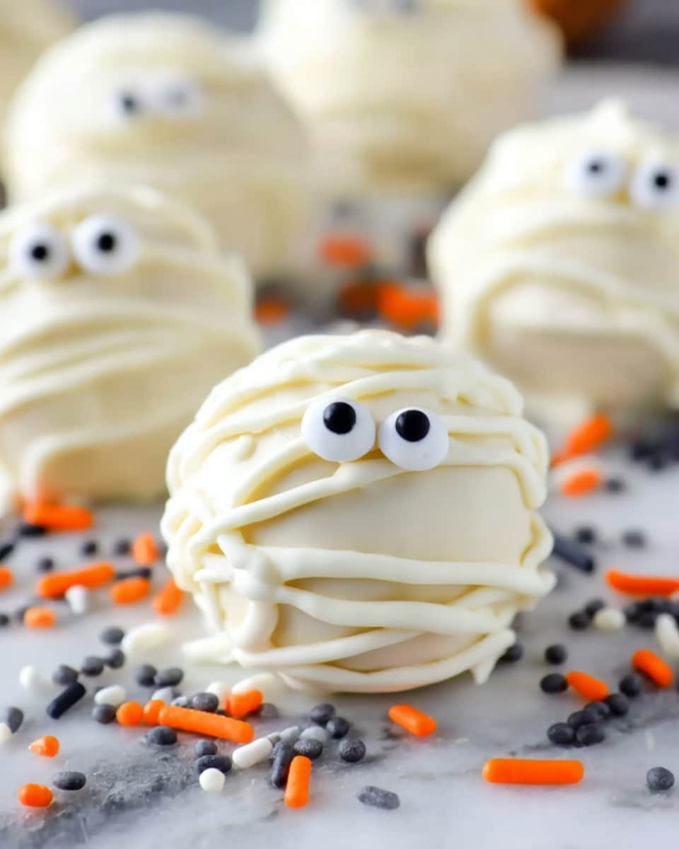 The image shows a close-up of white chocolate-covered cake pops. The front cake pop has a bite taken out, revealing a light beige, soft and crumbly cake inside. Behind it, there are two full cake pops decorated with white chocolate lines and cute candy eyes, giving a playful character look. The cake pops sit on a white marbled surface scattered with small round and rod-shaped sprinkles in black, orange, and gray colors. The texture of the white chocolate coating is smooth, and the overall look is festive and inviting. photo taken with an iphone --ar 4:5 --v 7
