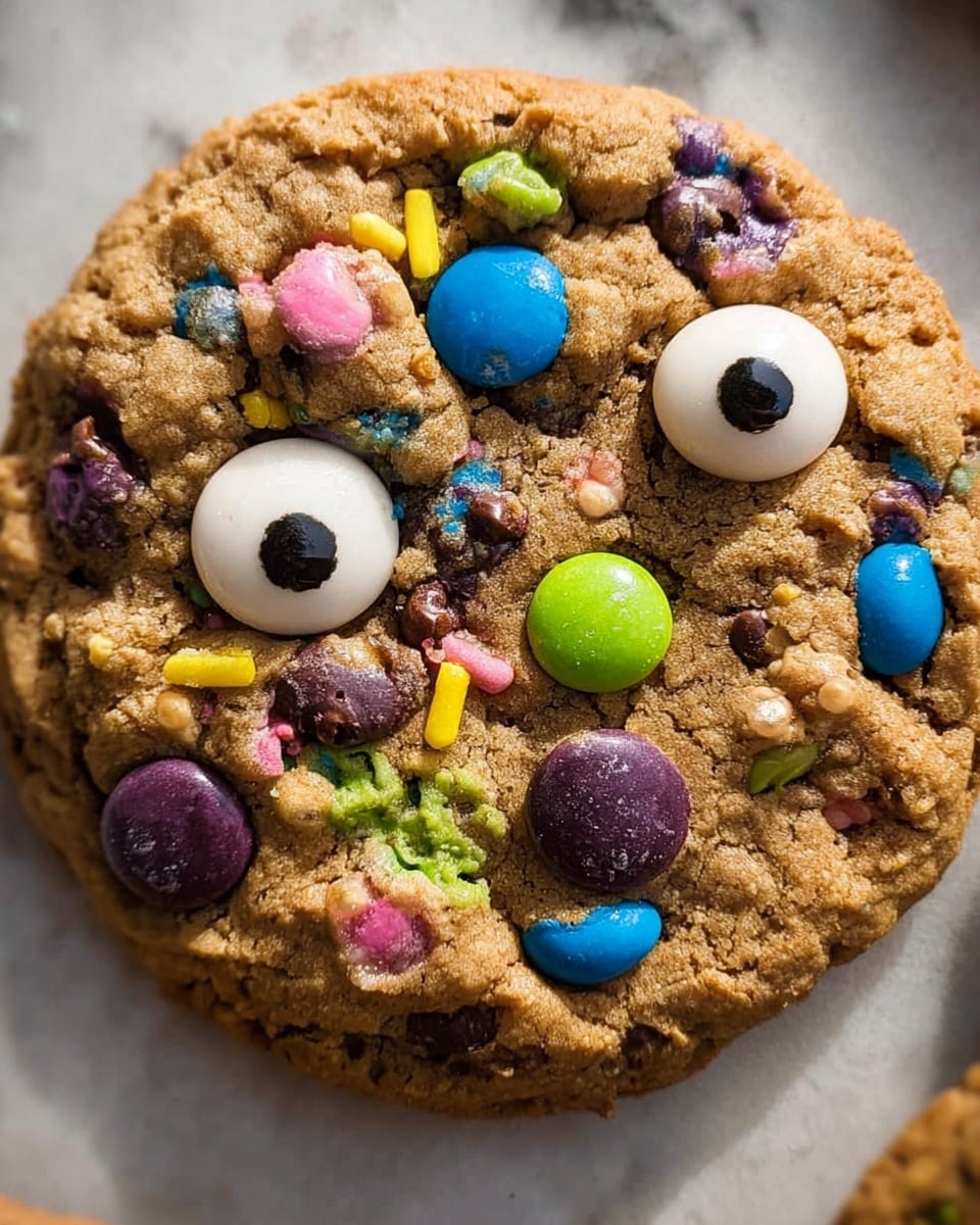 A close-up view of a single round cookie held by a woman's hand with black nail polish, showing a rough, cracked brown surface. The cookie is topped with colorful candy-coated chocolate pieces in purple, green, and blue, along with white candy eyes with black pupils scattered across the top. Brightly colored sprinkles in purple, yellow, pink, and green are spread throughout the cookie. In the center, there is a glossy, dark melted chocolate pool that adds a shiny texture contrasting with the matte cookie around it. Another similar cookie is blurry in the background on a white marbled surface. Photo taken with an iphone --ar 4:5 --v 7