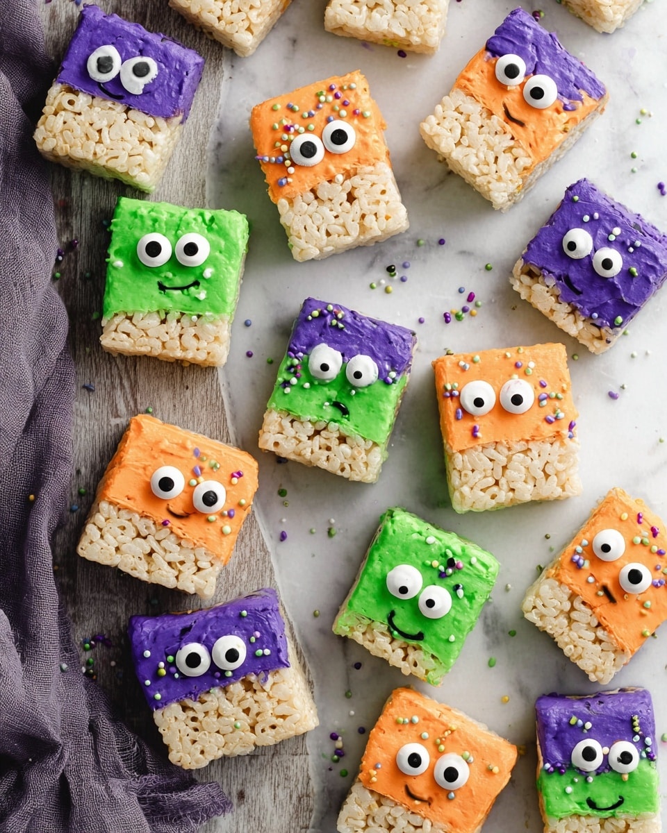 The image shows many small rectangular rice treats arranged on a white marbled surface and a wooden board. Each treat is half-coated with smooth, colorful frosting in three colors: bright orange, purple, and green. The frosting side is decorated with round candy eyes in groups of one to four, giving a monster-like look. The colored frosting is topped with matching sprinkles, which add texture. The plain rice treat part is beige and soft looking, while the frosting part is glossy and dense. There is a gray cloth on the left side, adding a soft fabric texture to the scene. photo taken with an iphone --ar 4:5 --v 7