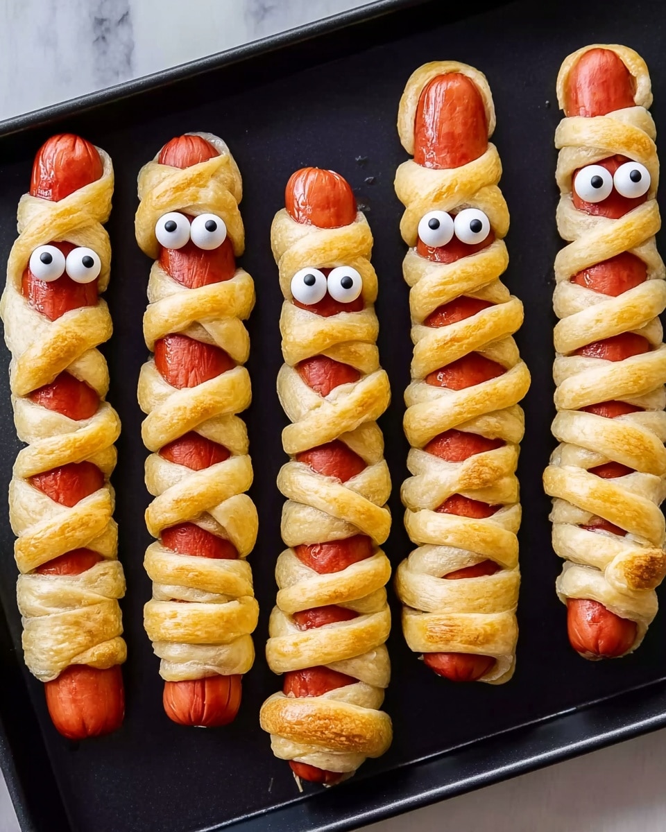 Two hot dogs wrapped in golden-brown dough strips to look like mummies, each with two small white eyes with black dots placed near the top. The dough strips are irregularly wrapped from top to bottom around the reddish-brown hot dogs. They are placed on a round black plate, which is on a white marbled surface with some black mesh fabric pieces around. Photo taken with an iphone --ar 4:5 --v 7