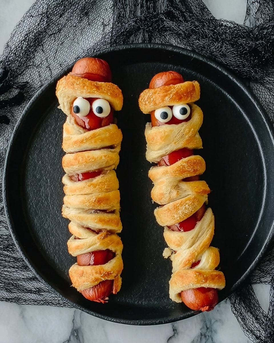 The image shows two small hot dogs wrapped in golden brown crescent rolls that crisscross around the red sausage evenly, leaving some parts visible. Each hot dog has two small white candy eyes with black dots placed near one end, giving a playful look. The hot dogs rest on a round black plate, and the background has a green blurred texture in the upper right corner. The lighting highlights the flaky texture of the crescent rolls and the smooth surface of the sausages. Photo taken with an iphone --ar 4:5 --v 7