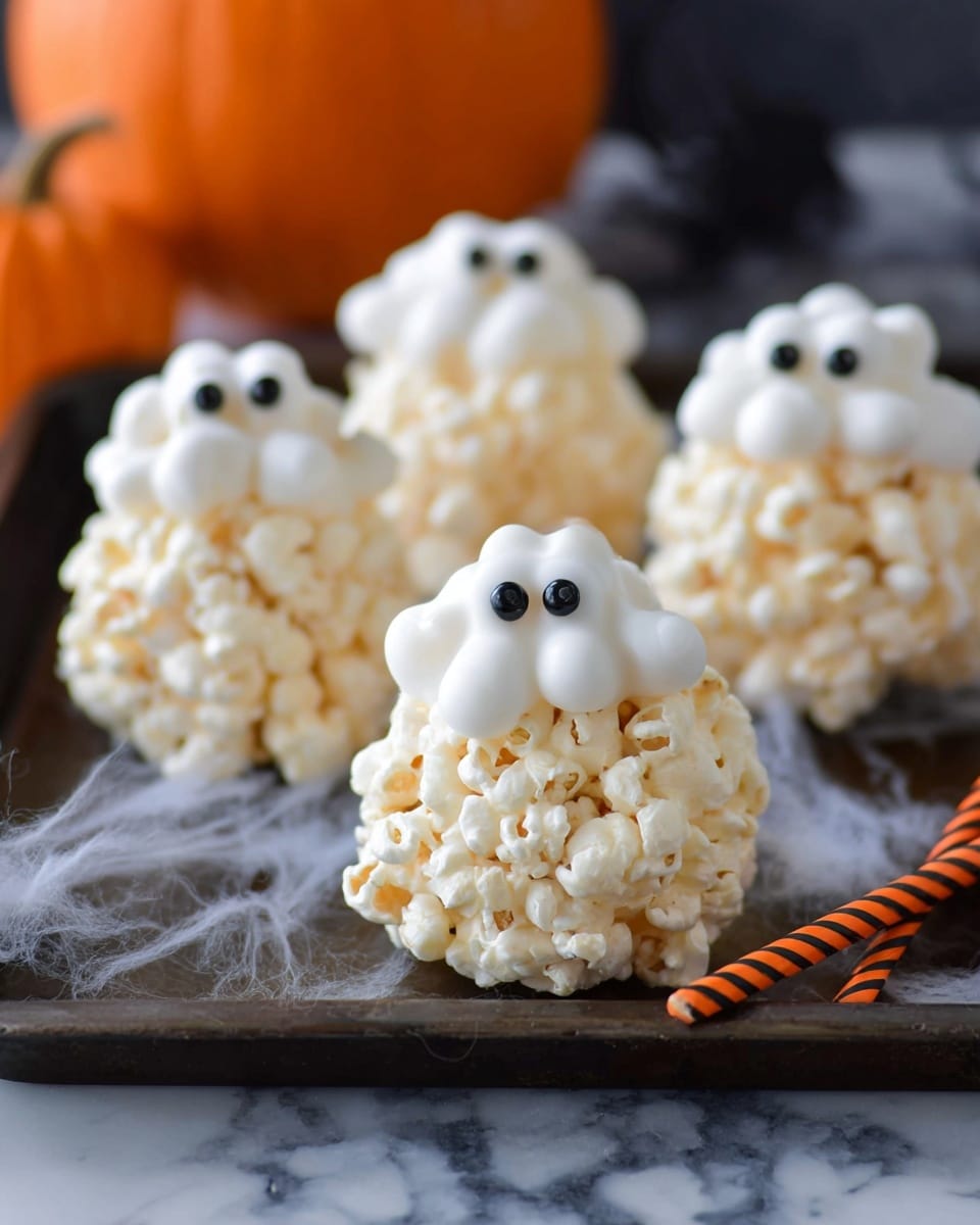 The image shows a round popcorn ball base that is light yellow and white in color with the texture of popped kernels. On top of this base is an uneven layer of smooth white coating shaped roughly like a ghost's head. Two small round white eyes with black centers are placed on the white coating, giving it a cute, spooky face. The popcorn ball sits on a dark surface with a white marbled texture, and behind it, there is an out-of-focus orange pumpkin adding a warm background color. The scene has a close-up view focusing on the front popcorn ball ghost, with other similar shapes blurred in the background. photo taken with an iphone --ar 4:5 --v 7