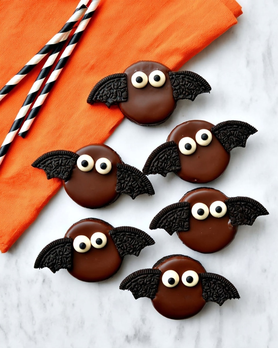 The image shows six round chocolate-covered cookies designed to look like bats, each having two black cookie halves as wings attached on the sides. Each bat has two white eyeballs with black pupils in the middle of the round chocolate surface. The cookies rest on a white marbled background with a folded bright orange cloth and two black and white striped straws placed to the left. The wings have a textured, dark chocolate cookie pattern, contrasting with the smooth, shiny chocolate covering the round cookie body. photo taken with an iphone --ar 4:5 --v 7