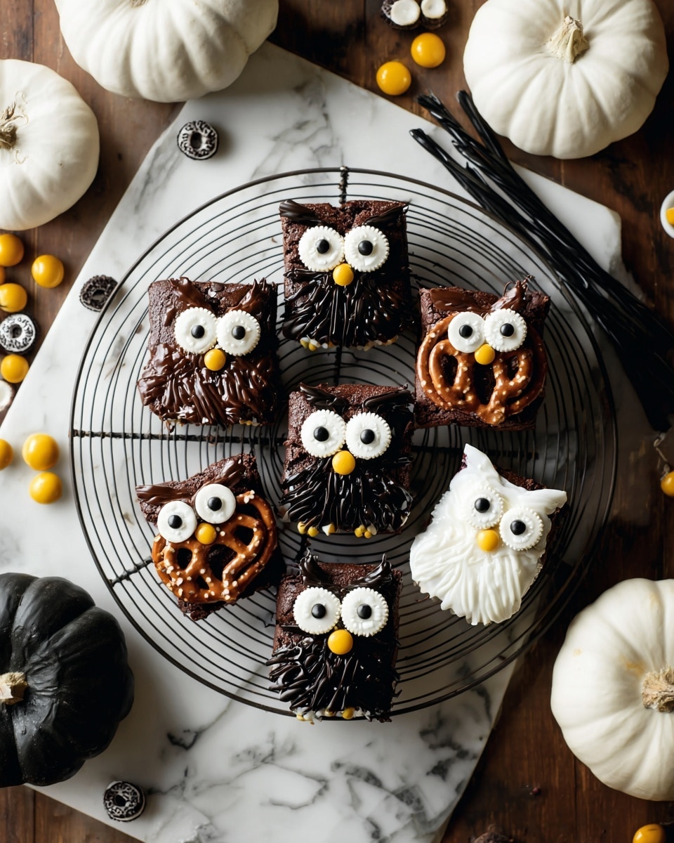 The image shows a thick square piece of dark brown chocolate brownie with a rough and moist texture. On top, there is a small decoration made of white cream shaped like a spider with two small round eyes made of white and black icing placed in the center near the back edge. The background is blurred with grey tones, and the brownie is on a surface with a warm brown color, scattered with a few small white round candies around it. Photo taken with an iphone --ar 4:5 --v 7