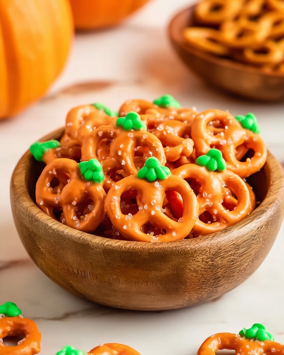 A white plate holds 19 pretzels coated in bright orange candy, each shaped like a pumpkin with a small green candy piece on top acting as a pumpkin stem. Scattered between the pumpkin pretzels are small, round, green candies which add a pop of color and balance the orange well. The plate sits on a white marbled surface with a soft light enhancing the shiny texture of the candy coating, creating a festive, autumn look. photo taken with an iphone --ar 4:5 --v 7