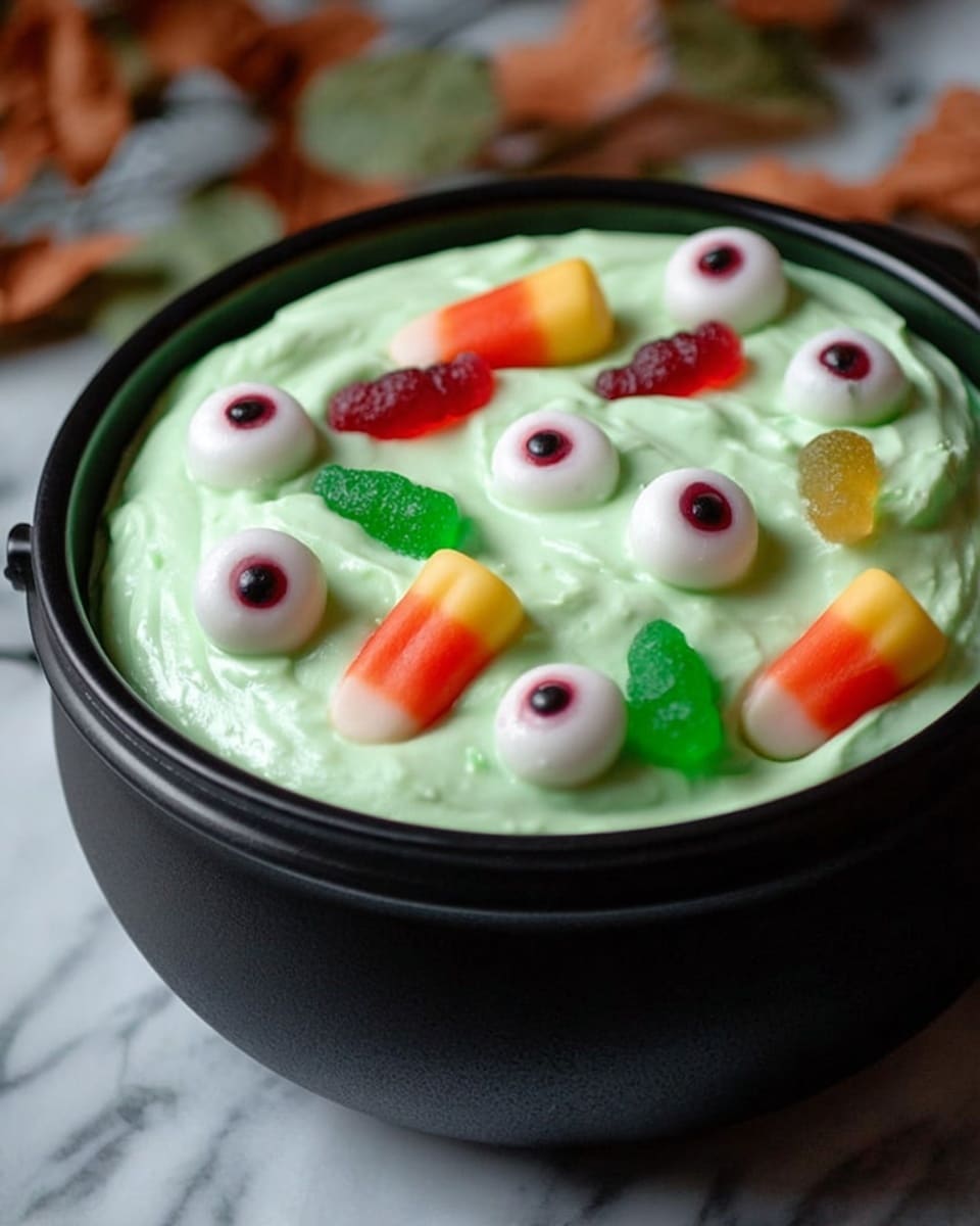 A black cauldron filled with light green mousse or pudding, topped with colorful gummy worms and candy eyeballs scattered on the surface, creating a spooky and playful look. The cauldron sits on a dark wooden table with a small portion of orange pumpkin visible on the side. In front, there is a white marbled surface holding a white bowl filled with gingerbread-shaped cookies. The scene shows a mix of textures: the smooth creamy pudding, the shiny gummy candies, and the crisp cookies. photo taken with an iphone --ar 4:5 --v 7