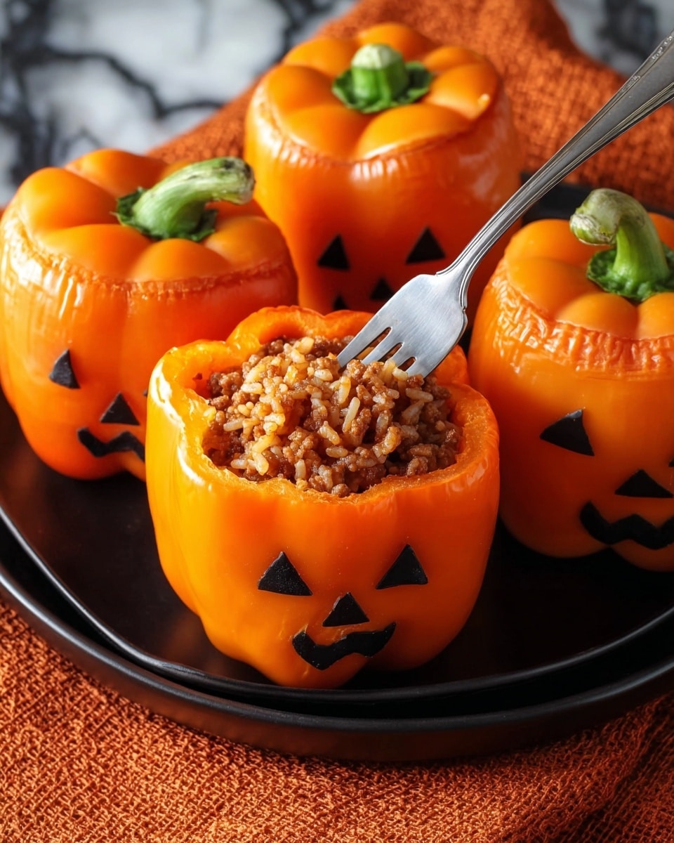 Four bright orange bell peppers are carved like jack-o'-lanterns with triangle eyes and noses and a simple mouth shape. Each pepper is filled with a light brown stuffing that peeks through the openings. They sit close together on a round white plate that contrasts with a red cloth underneath, placed on a dark brown wooden surface. The background has a soft focus with warm, checkered cloth tones. The peppers have smooth, glossy skins and fresh green stems. Photo taken with an iphone --ar 4:5 --v 7