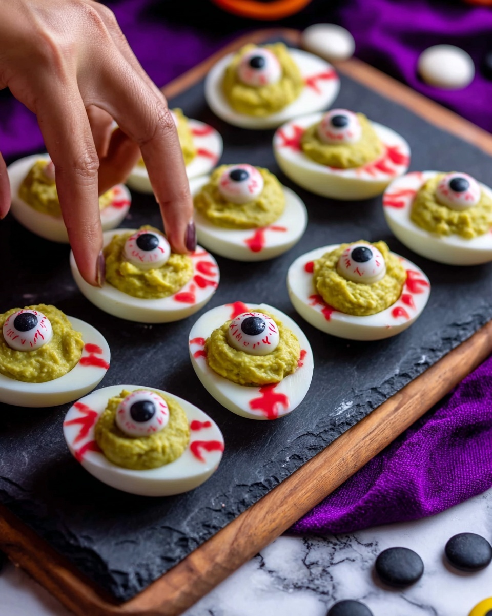 The image shows several halved boiled eggs arranged on a black slate board with a wooden edge, placed on a white marbled surface covered partly by a purple cloth. Each egg half has a white egg white layer as the base, topped with a thick layer of green or yellow filling that is textured like mashed avocado or hummus. On top of this filling, there is a round slice of white cheese or similar, with a small black circle in the center, making each egg look like an eyeball. Red streaks are painted around the filling and cheese layer on the egg white part to mimic blood vessels. A woman's hand is picking up one of the eggs. Small round white and black candy or decoration pieces are scattered around the board. Photo taken with an iphone --ar 4:5 --v 7