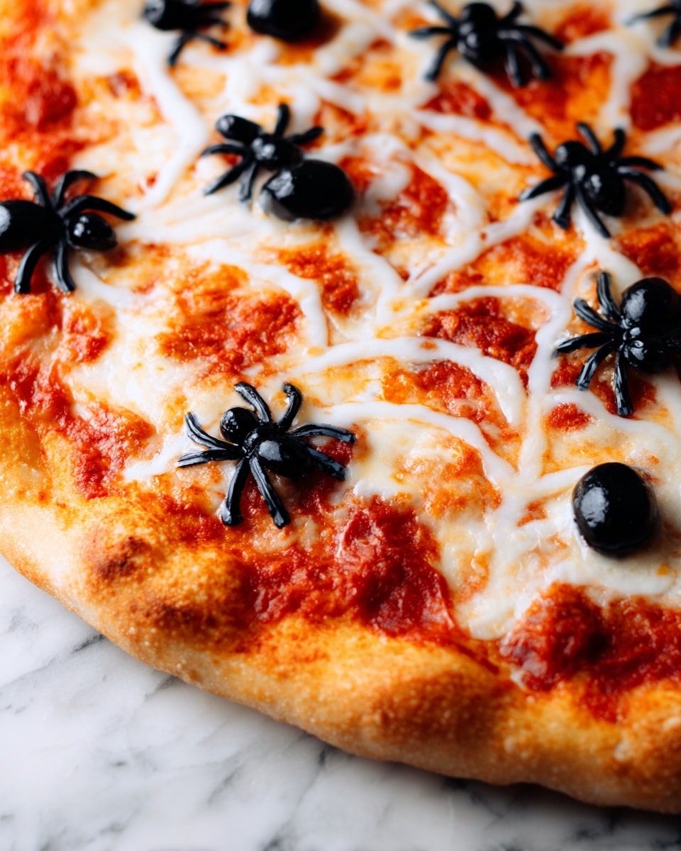 A round pizza with a thick, golden-brown crust sits on a metal peel over a white marbled surface. The first layer is a reddish tomato sauce spread evenly on the base. On top of the sauce is a web-like pattern of melted white cheese. Scattered across the pizza are several black olive pieces cut and arranged to look like small spiders, each with a whole black olive as the body and sliced pieces as legs. The toppings create a fun, spooky decoration over the bright sauce and cheese layers photo taken with an iphone --ar 4:5 --v 7