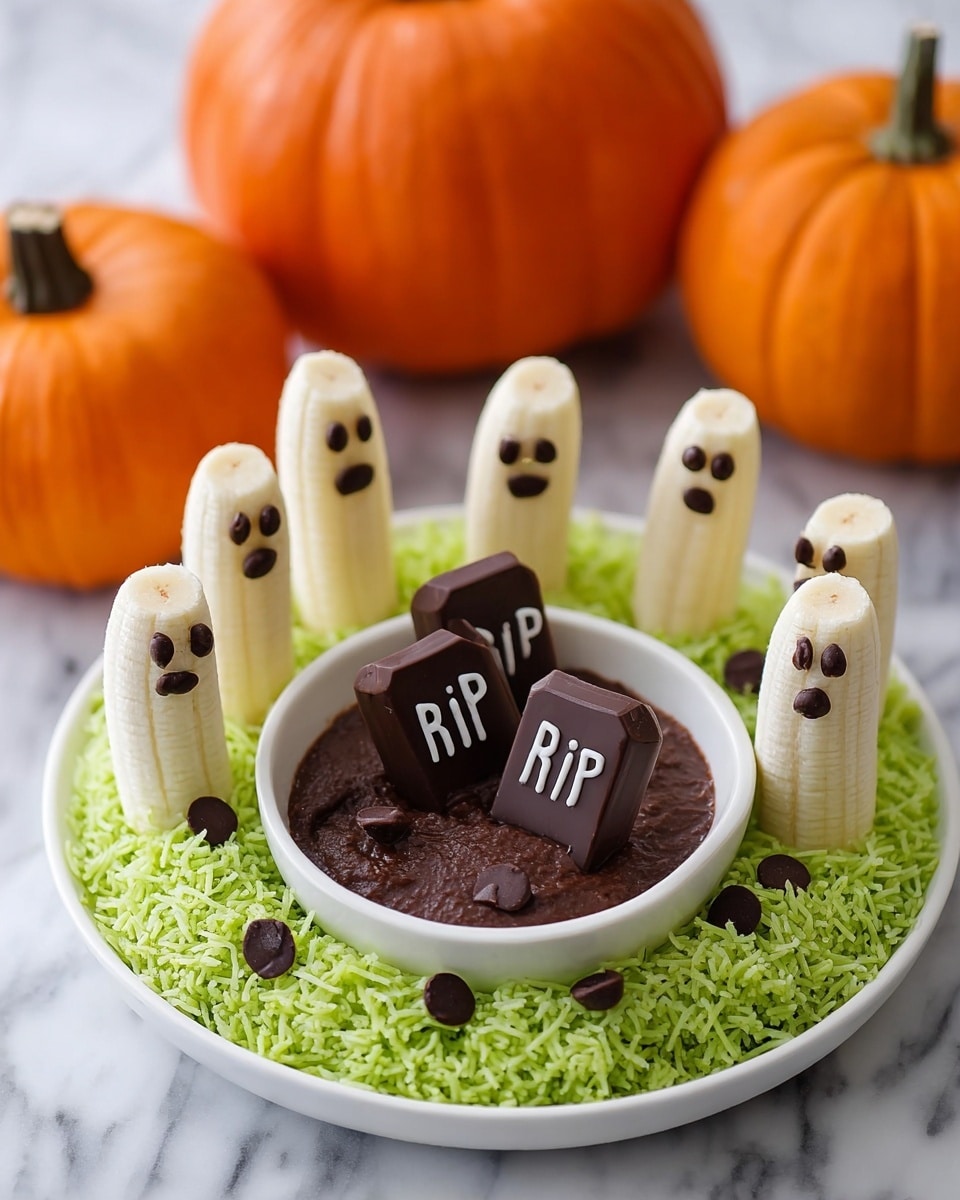 The dish shows a white round plate with a layer of green shredded coconut spread around its edge, resembling grass. In the center, there is a white bowl filled with dark brown chocolate pudding topped with more green shredded coconut. Inside the pudding, three small rectangular chocolate pieces stand upright with white 