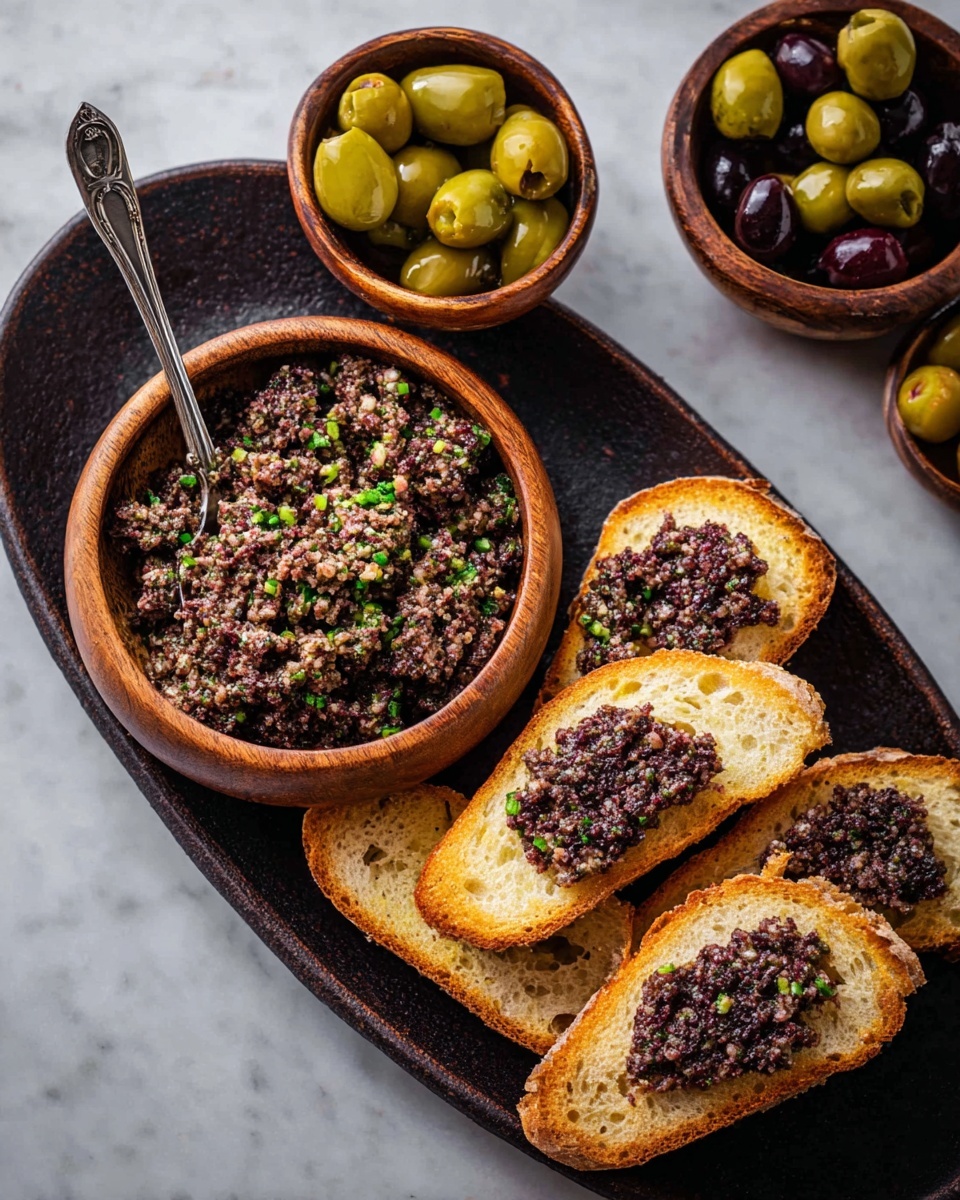 A wooden bowl filled with a chunky olive tapenade of dark purple, green, and beige bits mixed with some herb flakes, with a silver spreader sticking into the tapenade in the middle of the bowl. The wooden bowl is placed on a black plate, which also holds several slices of toasted bread showing golden brown surfaces and some with tapenade spread on top. The entire setting rests on a white marbled texture. Photo taken with an iphone --ar 4:5 --v 7