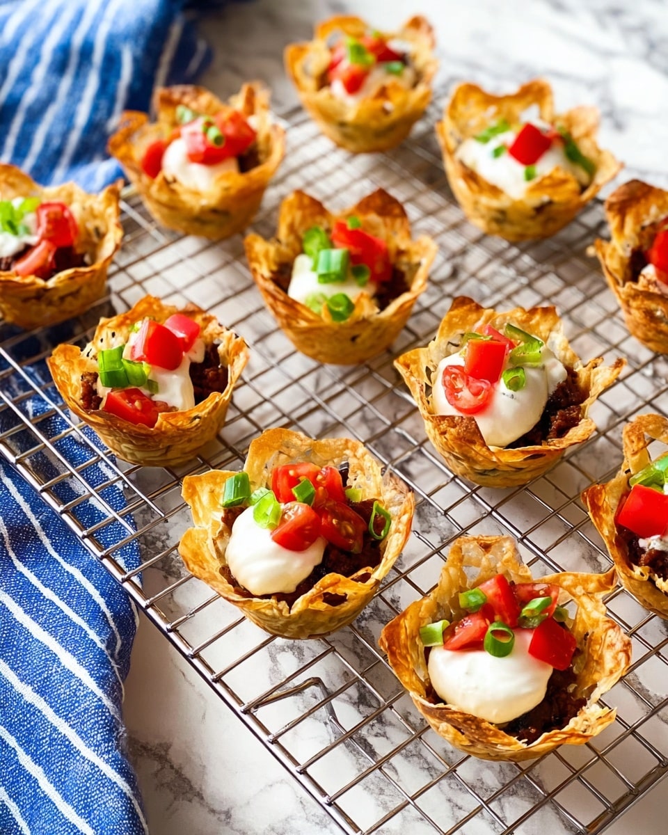 The image shows twelve small, crispy golden cups arranged on a cooling rack over a white marbled surface. Each cup has a textured, flaky outer layer made from thin pastry that curls up like petals. Inside each cup, there is a rich layer of brown filling, topped with a dollop of smooth white cream. On top of the cream, small bright red tomato pieces and fresh green slices of scallion are sprinkled, adding vibrant color. A blue and white striped cloth is partially visible in the background. photo taken with an iphone --ar 4:5 --v 7