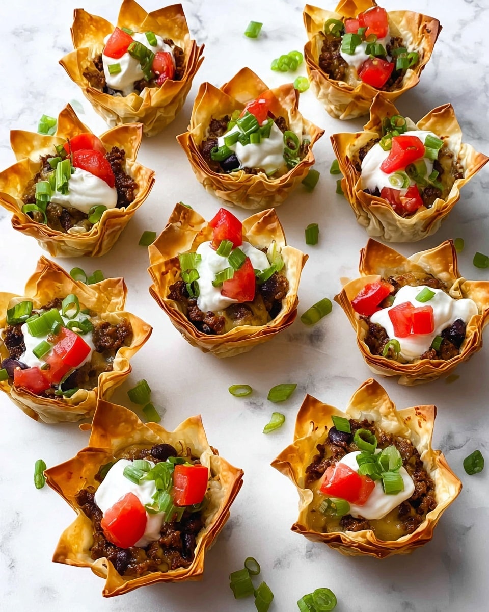 The image shows small crispy golden-brown pastry cups with pointed edges, each filled with a dark brown meat layer, topped with smooth white sour cream, bright red diced tomatoes, and chopped green onions. One pastry cup is on a small white plate in the front, and a white rectangular plate holds more cups in the background. To the right, a stack of white plates holds another pastry cup on top. The background is a white marbled surface with a blue and white striped cloth placed behind the rectangular plate. photo taken with an iphone --ar 4:5 --v 7