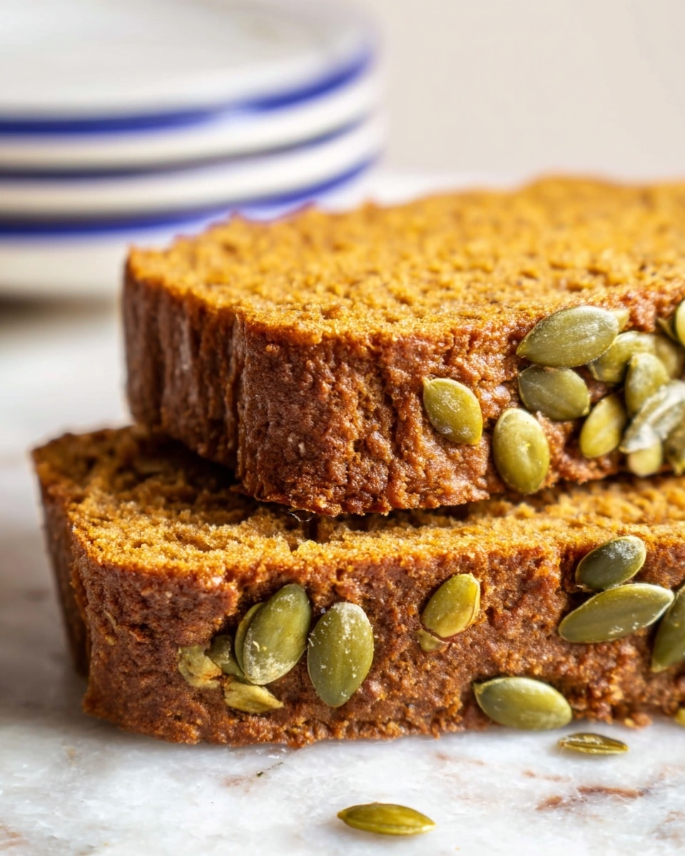 Two slices of brown bread with a coarse texture are stacked on a white marbled surface. The bread has a dense, moist crumb with a golden-brown crust at the edges. Green pumpkin seeds are embedded throughout the bread, visible on the sides and top slice, adding uneven shapes and a slight shine. In the background, a blurred stack of white plates with blue rims can be seen. photo taken with an iphone --ar 4:5 --v 7