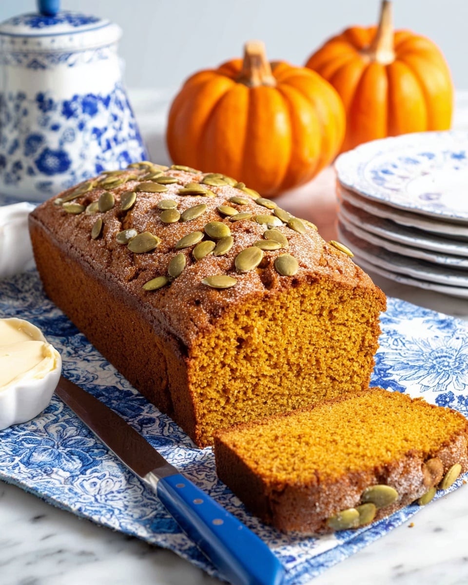 The image shows a loaf of orange-brown pumpkin bread with a moist texture, topped with green pumpkin seeds evenly spread across the top. The bread loaf is placed on a blue and white patterned cloth, next to a blue and white knife handle on the left. Behind the bread to the right, there is a small stack of white plates with blue and orange patterns on the edges, and an orange pumpkin is blurred in the background. The setting is on a white marbled surface. photo taken with an iphone --ar 4:5 --v 7