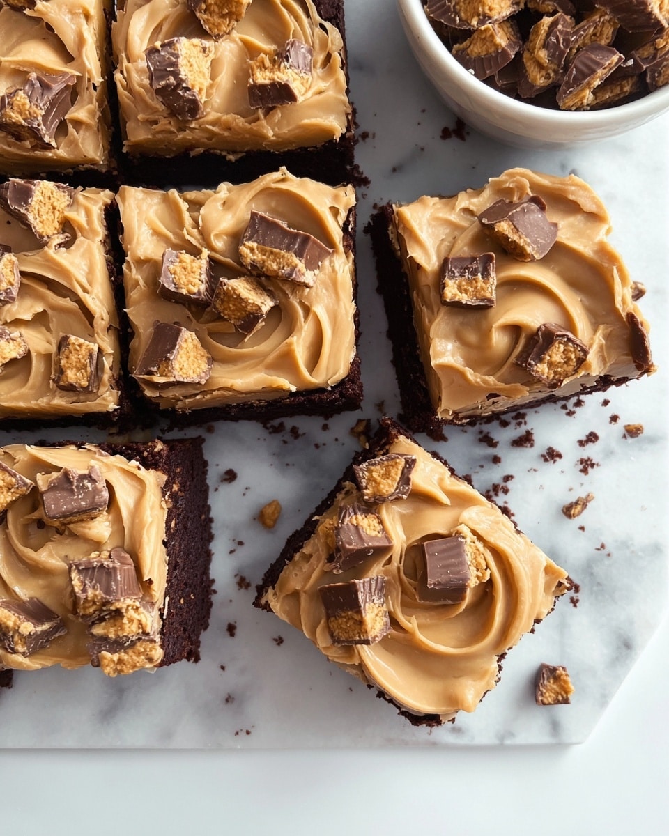The image shows several square pieces of chocolate cake with two layers; the bottom layer is dark brown and dense, while the top layer is a thick, creamy peanut butter frosting in light tan. Each piece is topped with small chunks of peanut butter cups scattered across the frosting. The cakes are placed on crumpled parchment paper on a white marbled surface, with some cake crumbs around. In the background, there is a blurred glass bottle of milk and a glass of water. A small spoon with peanut butter is also visible on the surface. The photo taken with an iphone --ar 4:5 --v 7