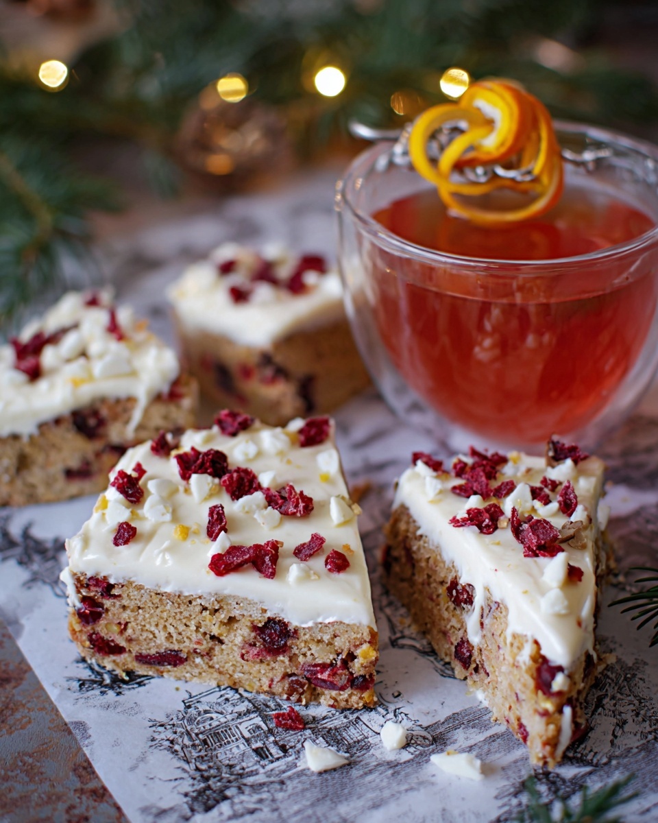 The image shows a close-up of a three-layer cake slice, with each layer having a light brown color and visible dried cranberries inside. Between each layer is a thick white cream frosting, and the top layer is also covered with the same white cream. On top of the cake are scattered dried cranberries and small pieces of orange zest. The cake sits on a piece of parchment paper printed with text, surrounded by green pine sprigs and blurred warm lights in the background, creating a cozy, festive atmosphere. Photo taken with an iphone --ar 4:5 --v 7