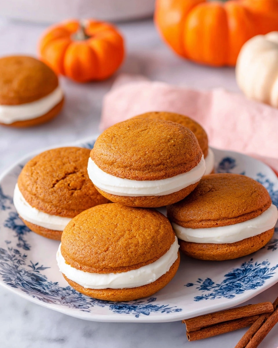 There are six pumpkin sandwich cookies on a white plate with blue floral patterns. Each cookie has two round pumpkin-colored layers with a thick white creamy filling in the middle. The pumpkin layers have a soft and slightly bumpy texture with a warm orange-brown color. In the background, there are small orange pumpkins and a blurred white marbled surface with a pale pink cloth partly visible. Cinnamon sticks are placed near the plate. Photo taken with an iphone --ar 4:5 --v 7