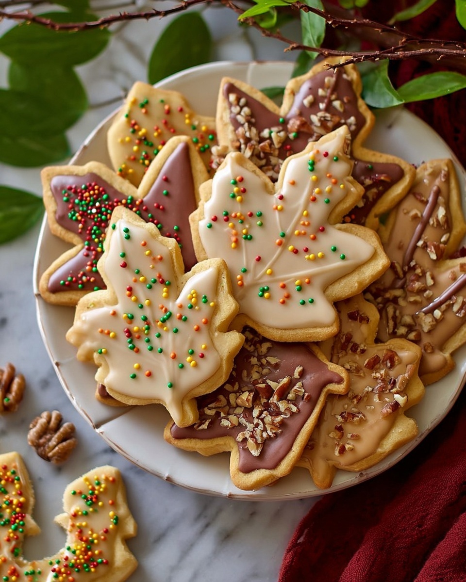 A white plate filled with leaf-shaped cookies arranged in layers. The first layer of cookies has a smooth light beige icing with small round colorful sprinkles in red, green, yellow, and orange scattered on top. Another layer features a light brown icing with chopped nuts sprinkled over it, adding a rough texture. Some cookies have a medium brown icing with long colorful sprinkles in red, green, and orange. The edges of all cookies are golden brown and slightly crisp. Small round colorful sprinkles and broken cookie pieces are scattered around the plate on a white marbled surface with a few green leaves and brown twigs nearby. Photo taken with an iphone --ar 4:5 --v 7