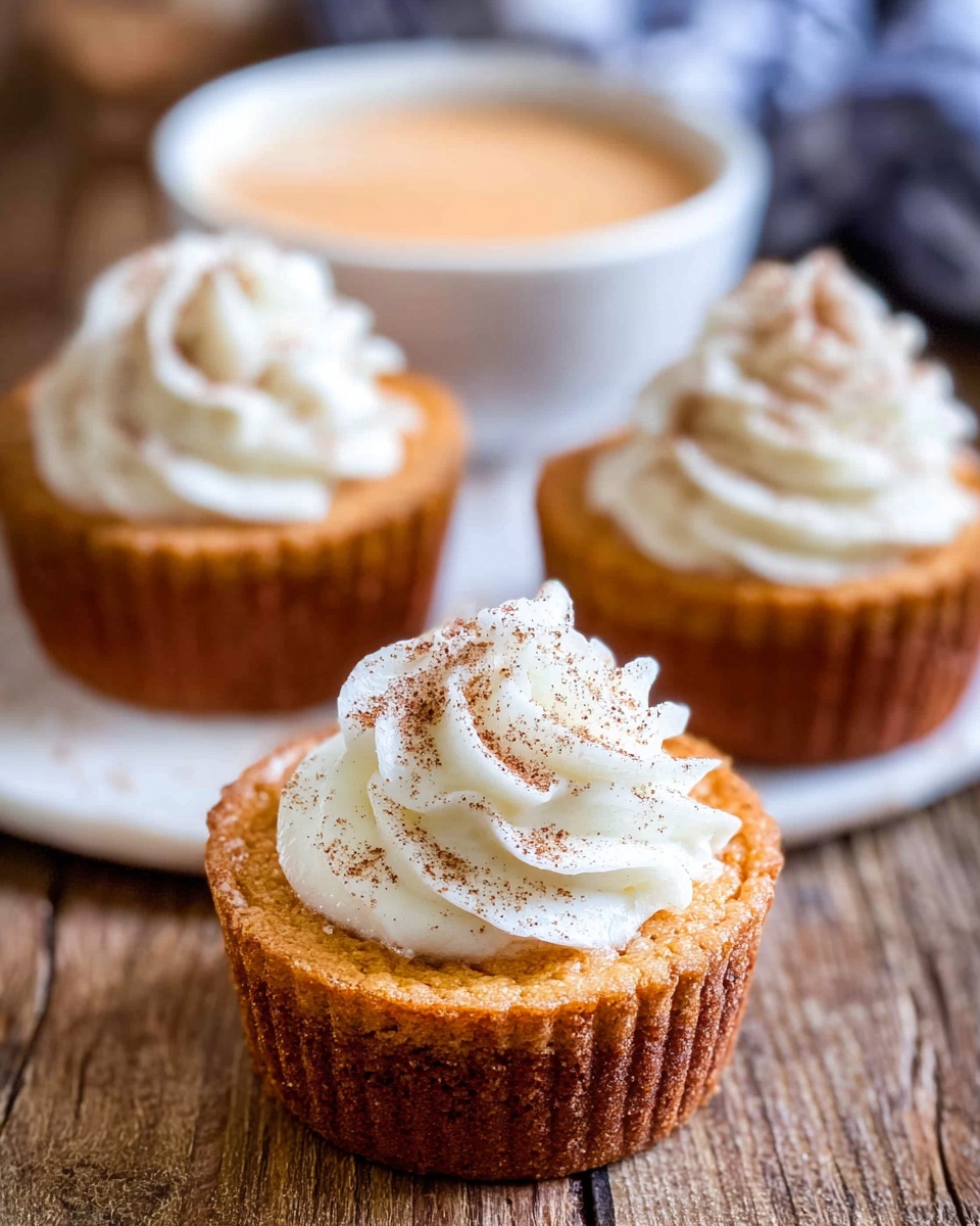 The image shows six small dessert cups with a light brown crust forming the base and sides. Each cup is topped with a thick layer of white whipped cream that has a soft, fluffy texture. A light brown powder, likely cinnamon or cocoa, is sprinkled lightly on top of the whipped cream. The cups are placed on a wooden surface with a rustic texture, and there is a white bowl filled with a brown powder on the left side along with a blue kitchen towel. A wooden-handled whisk is partly visible at the top right corner. photo taken with an iphone --ar 4:5 --v 7
