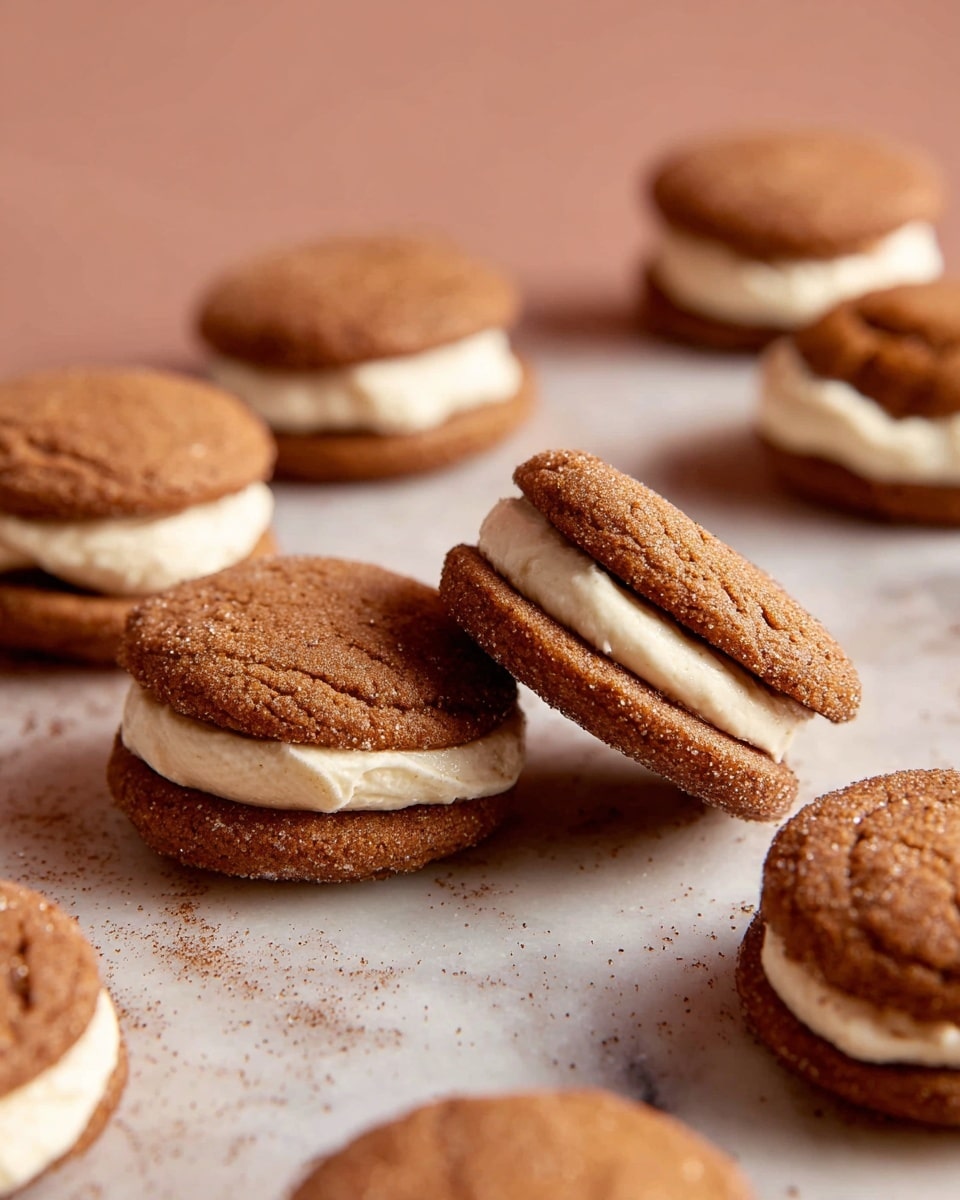 This image shows several small sandwich cookies on a white marbled surface. Each cookie has two round, brown textured layers with a slight sugar coating, forming the top and bottom. Between these layers is a thick layer of creamy white filling that looks smooth and soft. The cookies are casually placed, some stacked while others are lying flat or slightly tilted, showing the cream inside clearly. The background is soft and light pink, giving a warm feeling. Photo taken with an iphone --ar 4:5 --v 7