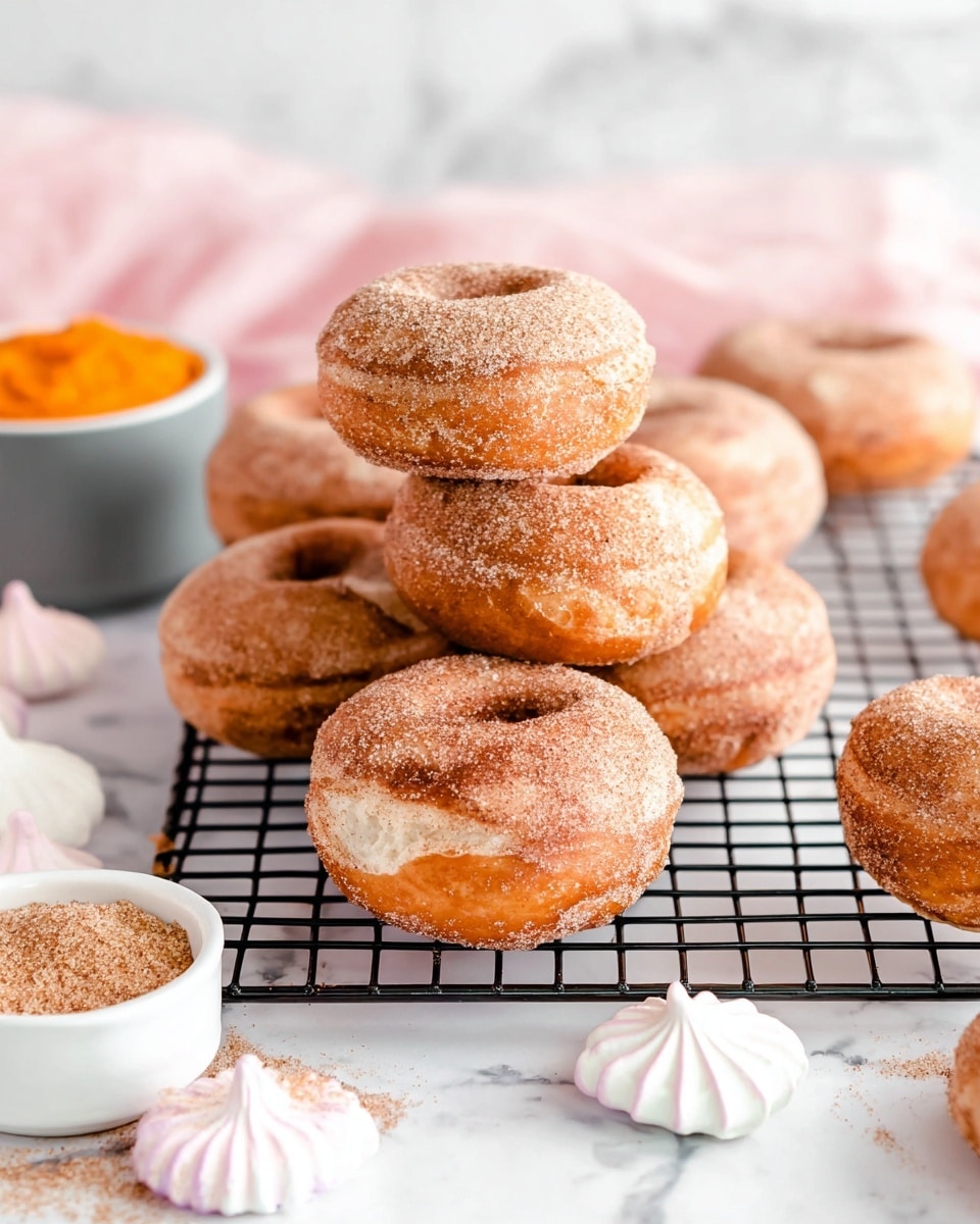 The image shows several round, golden-brown donuts with a slightly rough texture, lightly dusted with cinnamon sugar on top. The donuts are stacked in two piles on a black wire cooling rack placed over a white marbled surface, with one donut sitting alone in the foreground. To the sides, there is a small white bowl with a mix of cinnamon sugar and a gray cup filled with a bright orange filling. There are also white and pink striped meringue-like shapes placed around the edges of the scene. The overall setting has a soft, bright light, giving a fresh and warm feel. photo taken with an iphone --ar 4:5 --v 7