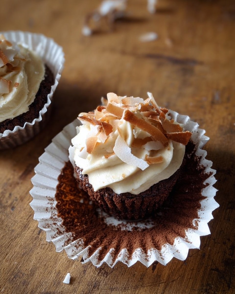 A small chocolate cupcake sits in a white paper liner on a brown wooden surface. The cupcake has one layer of dark brown cake, topped with a thick layer of creamy beige frosting that is swirled smoothly. On top of the frosting are thin, toasted coconut flakes scattered in a loose pile. Around the cupcake, cocoa powder is sprinkled mostly inside the liner, creating a textured brown ring shape on the paper. Nearby, another cupcake with similar frosting and coconut flakes is partially visible on the left side. Photo taken with an iphone --ar 4:5 --v 7