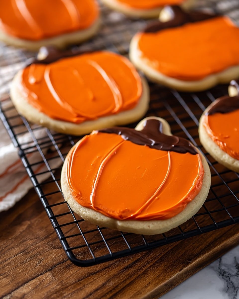 Three triangular-shaped cookies sit on a round wire cooling rack on a rough brown surface. Each cookie has a smooth, shiny layer of bright orange icing covering the entire top. Along one angled edge of each cookie, there is a row of piped thick orange frosting that looks textured and creamy. Near the center of each cookie, there is a small swirl of soft white frosting, adding contrast to the solid orange. The cookies have a light golden-brown base visible on the sides. photo taken with an iphone --ar 4:5 --v 7