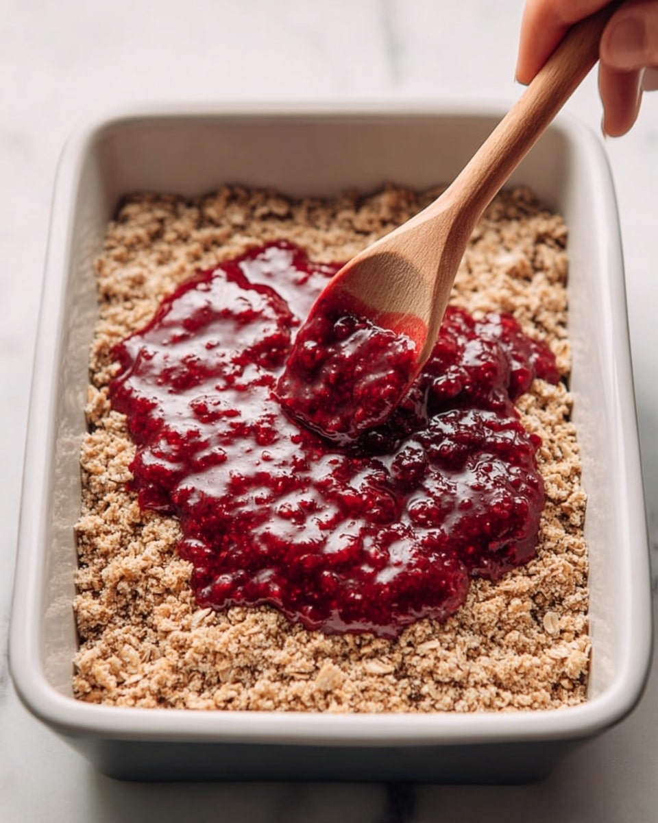 The image shows a white rectangular dish filled with two layers: the bottom layer is made of rough, light brown oats spread evenly, and the top layer is a shiny, thick, deep red berry jam being spread with a wooden spoon held by a woman's hand, covering the oats in the center. The dish is placed on a white marbled surface. photo taken with an iphone --ar 4:5 --v 7