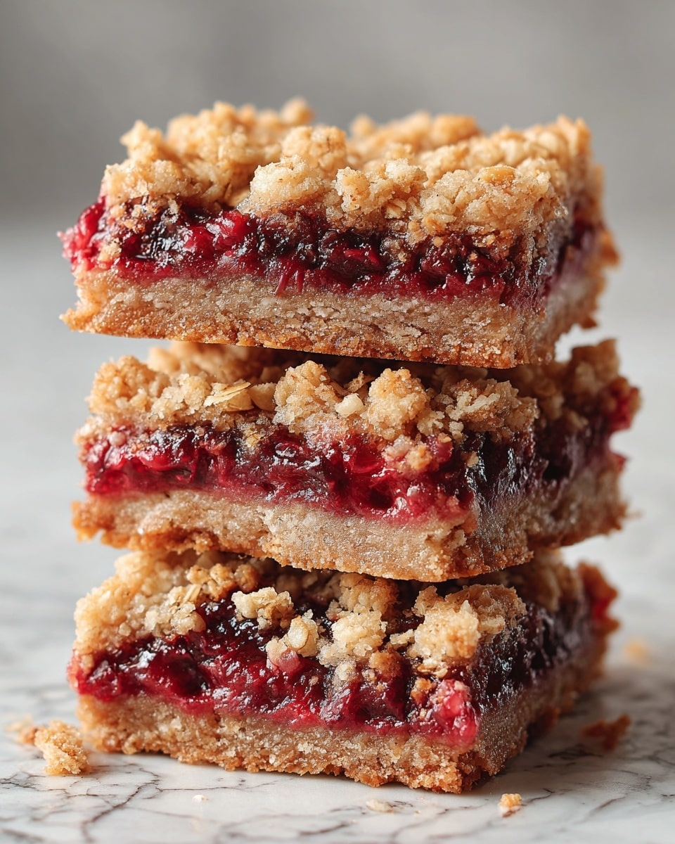 Several square oat bars with three distinct layers are neatly piled on a white plate. The bottom layer is a light golden-brown crust, firm and slightly crumbly. Above it is a thick, glossy deep red jam layer that looks sweet and rich. The top layer is a golden oat crumble with a rough and textured surface, slightly browned from baking, scattered unevenly. The plate sits on a white marbled surface with a light gray fabric slightly visible on the side. photo taken with an iphone --ar 4:5 --v 7