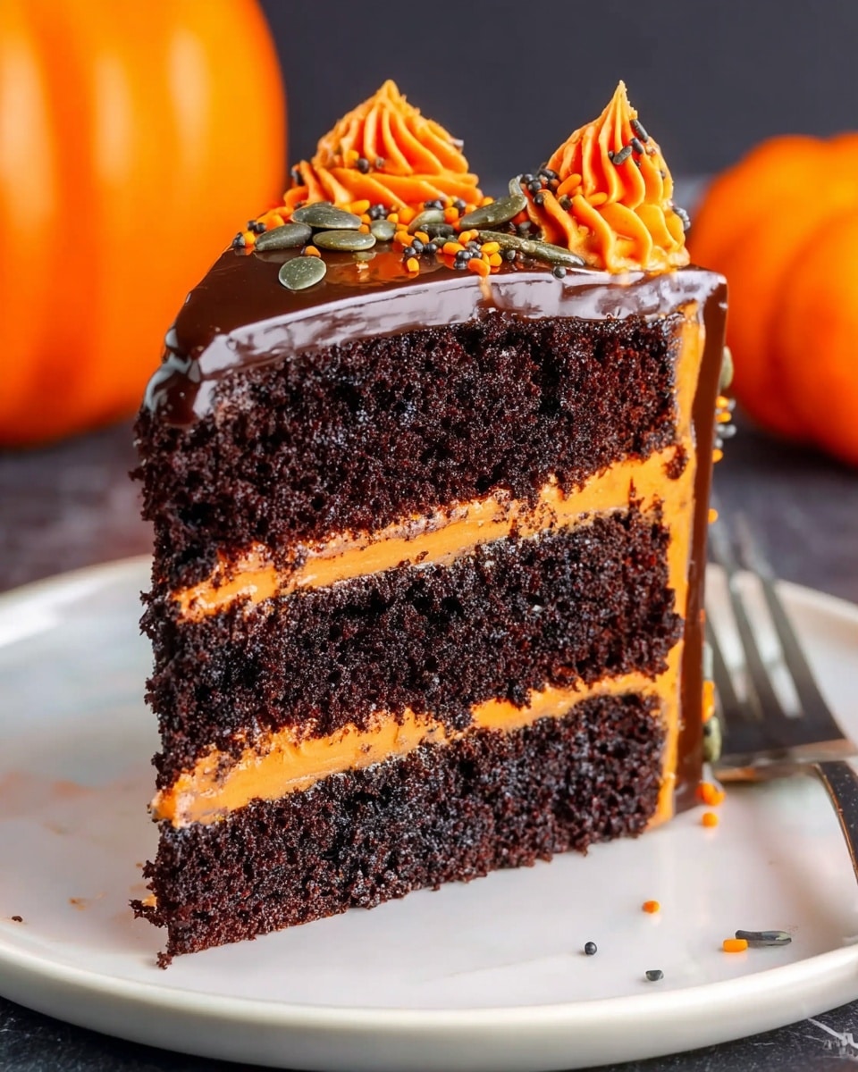 A close-up of a thick slice of dark chocolate cake with three layers of moist, rich chocolate sponge separated by two layers of smooth orange cream. The outer edges are coated with the same orange cream and topped with a glossy chocolate glaze that drips slightly down the sides. The top is decorated with small swirls of the orange cream and sprinkled with pumpkin seeds and tiny black and orange candy sprinkles. The cake slice sits on a simple white plate placed on a white marbled surface. In the background, there is a blurry orange pumpkin adding a festive touch. Photo taken with an iphone --ar 4:5 --v 7