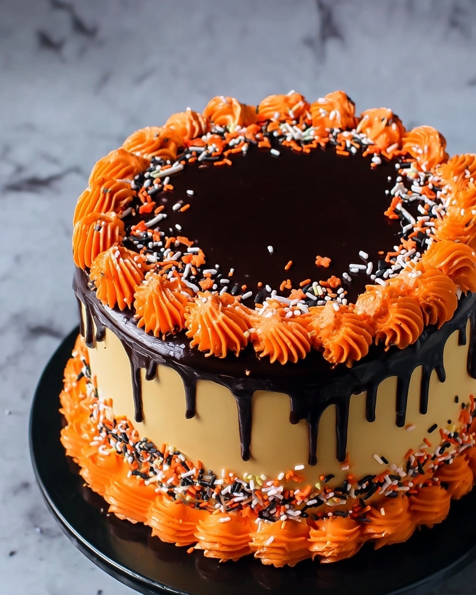 The image shows a two-layer round cake with smooth orange frosting. The top has a shiny dark chocolate glaze that drips slightly down the sides. Around the edge of the top is a ring of orange piped frosting in a swirl pattern. The top surface inside this ring is decorated with colorful sprinkles in white, orange, and black, including small round and stick shapes. The bottom edge of the cake has a thick border of the same orange piped frosting swirls. The cake sits on a black base, with a white marbled background. photo taken with an iphone --ar 4:5 --v 7